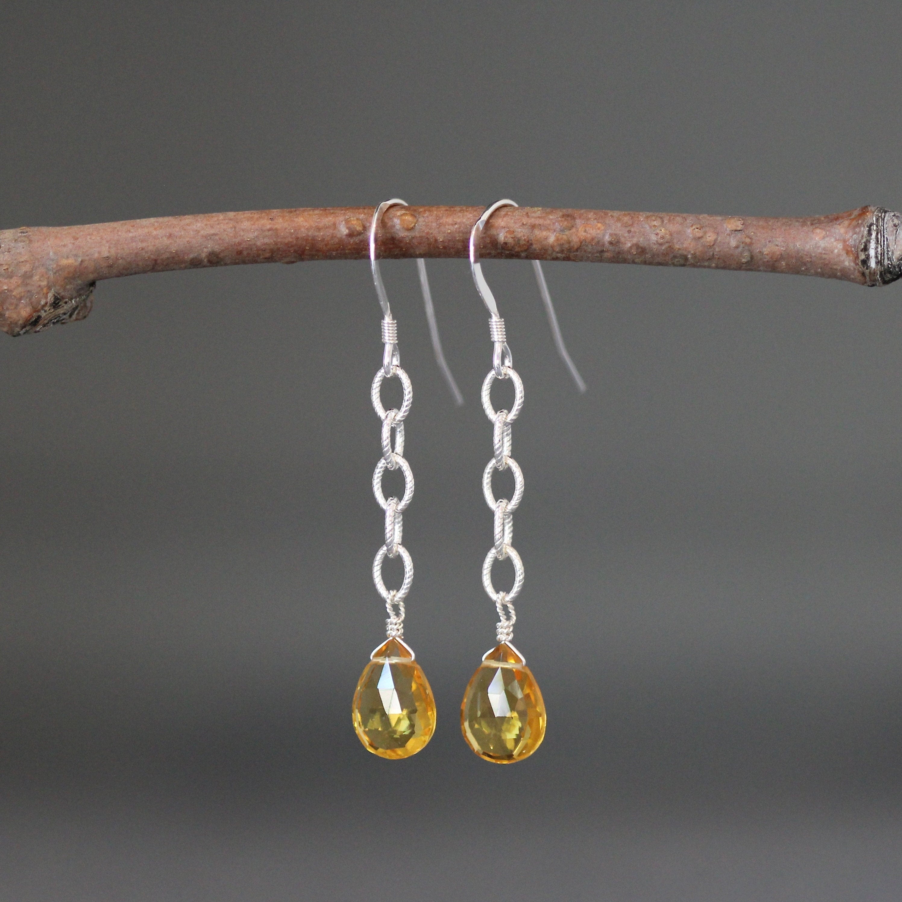 Citrine Quartz Teardrop Dangle Earrings on Sterling Silver Chain