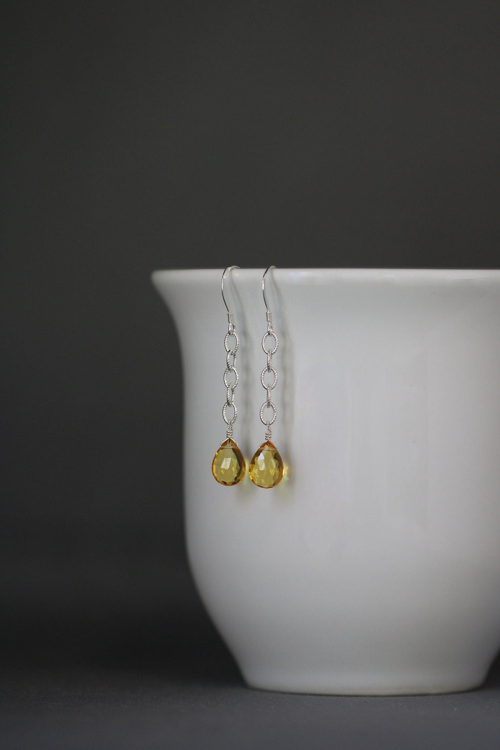 Citrine Quartz Teardrop Dangle Earrings on Sterling Silver Chain