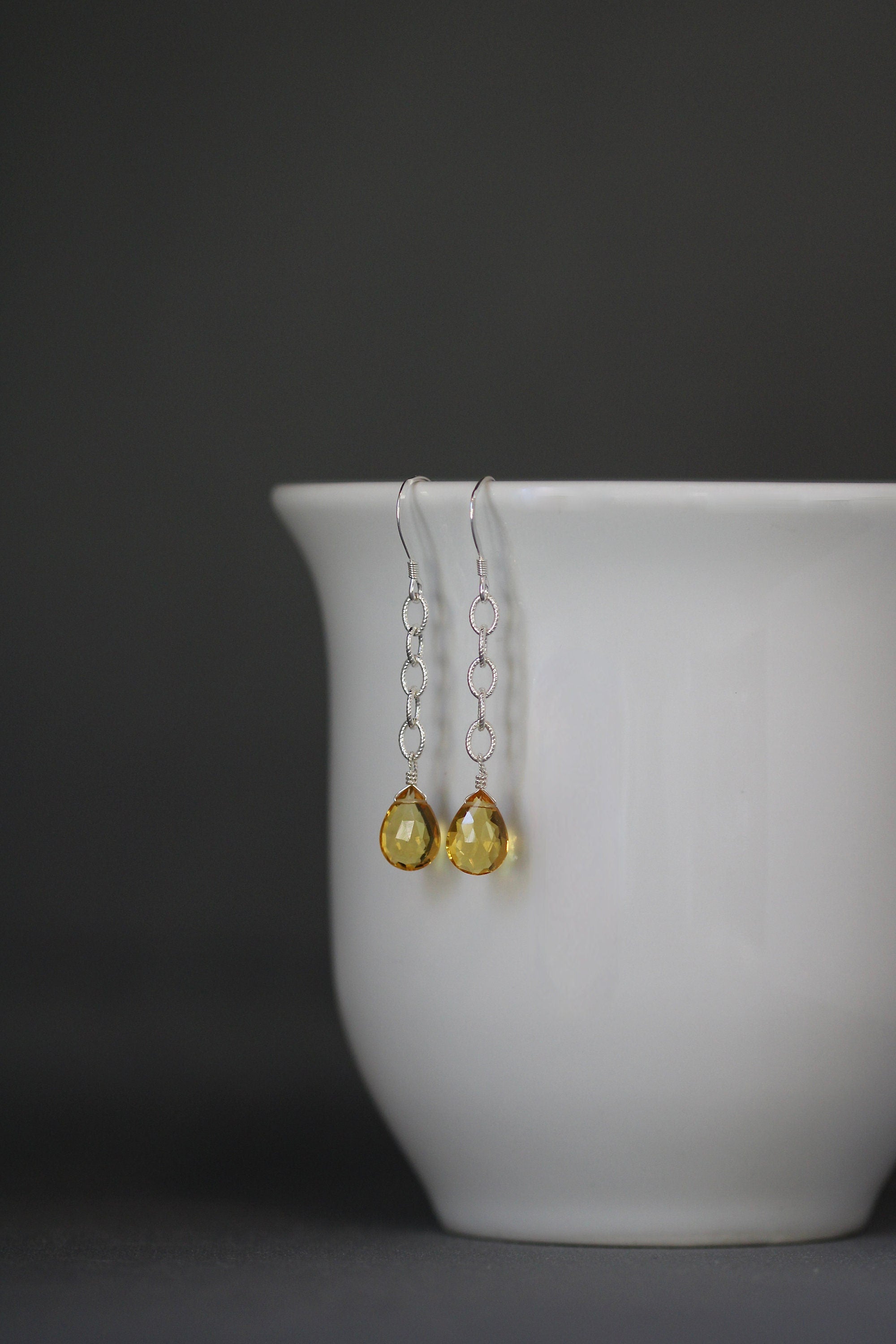Citrine Quartz Teardrop Dangle Earrings on Sterling Silver Chain
