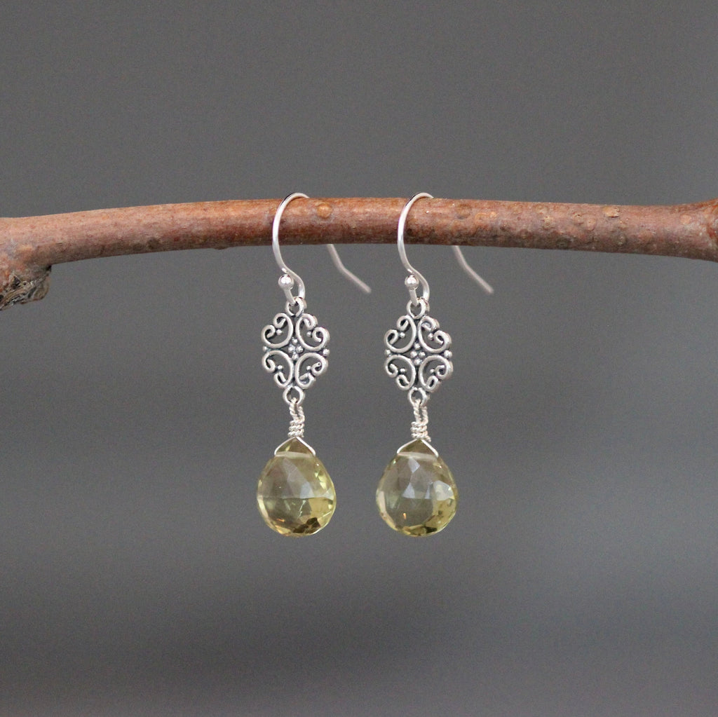 Olive Green Quartz and Bali Sterling Silver Filigree Link Chandelier Earrings