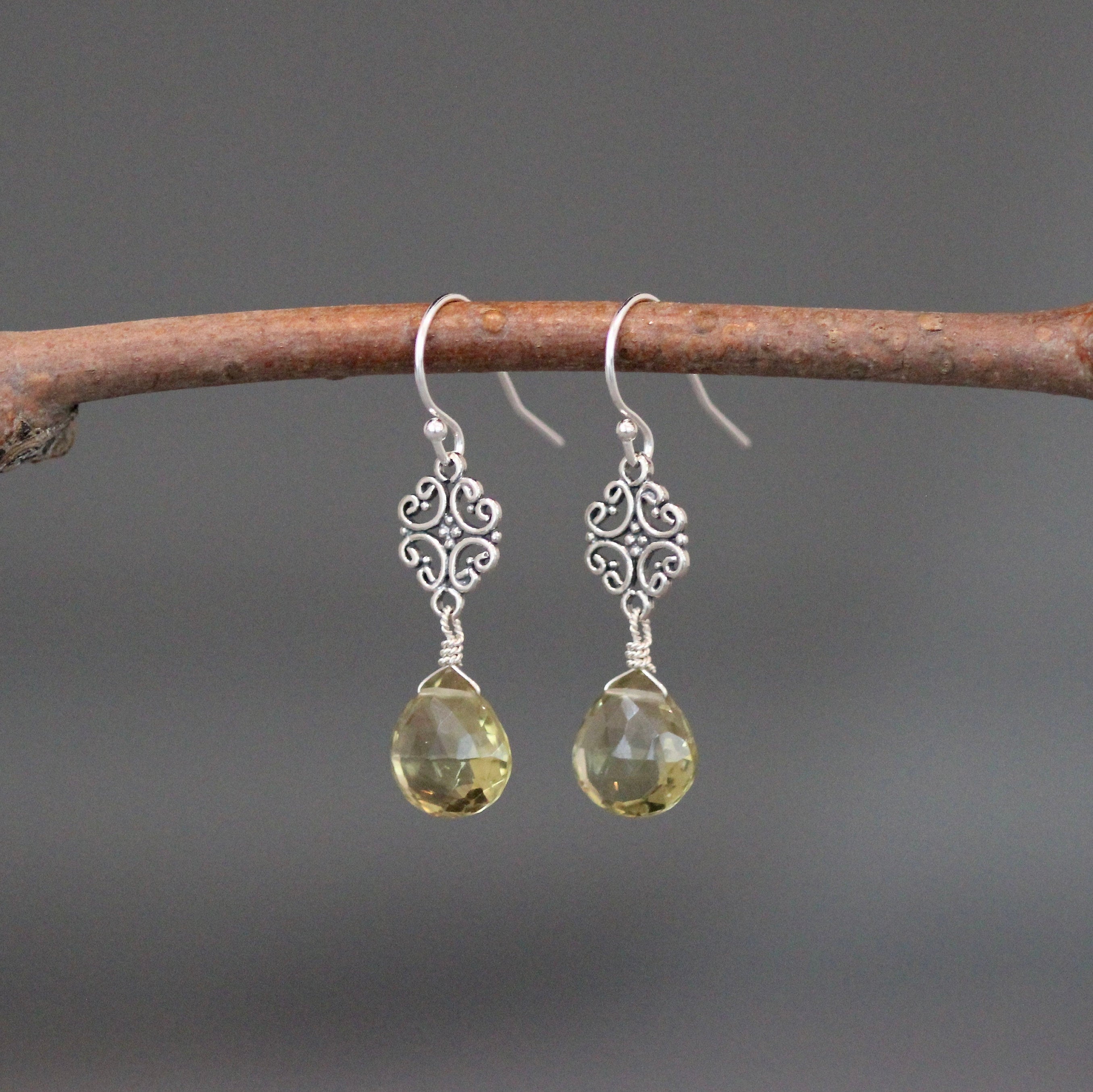 Olive Green Quartz and Bali Sterling Silver Filigree Link Chandelier Earrings