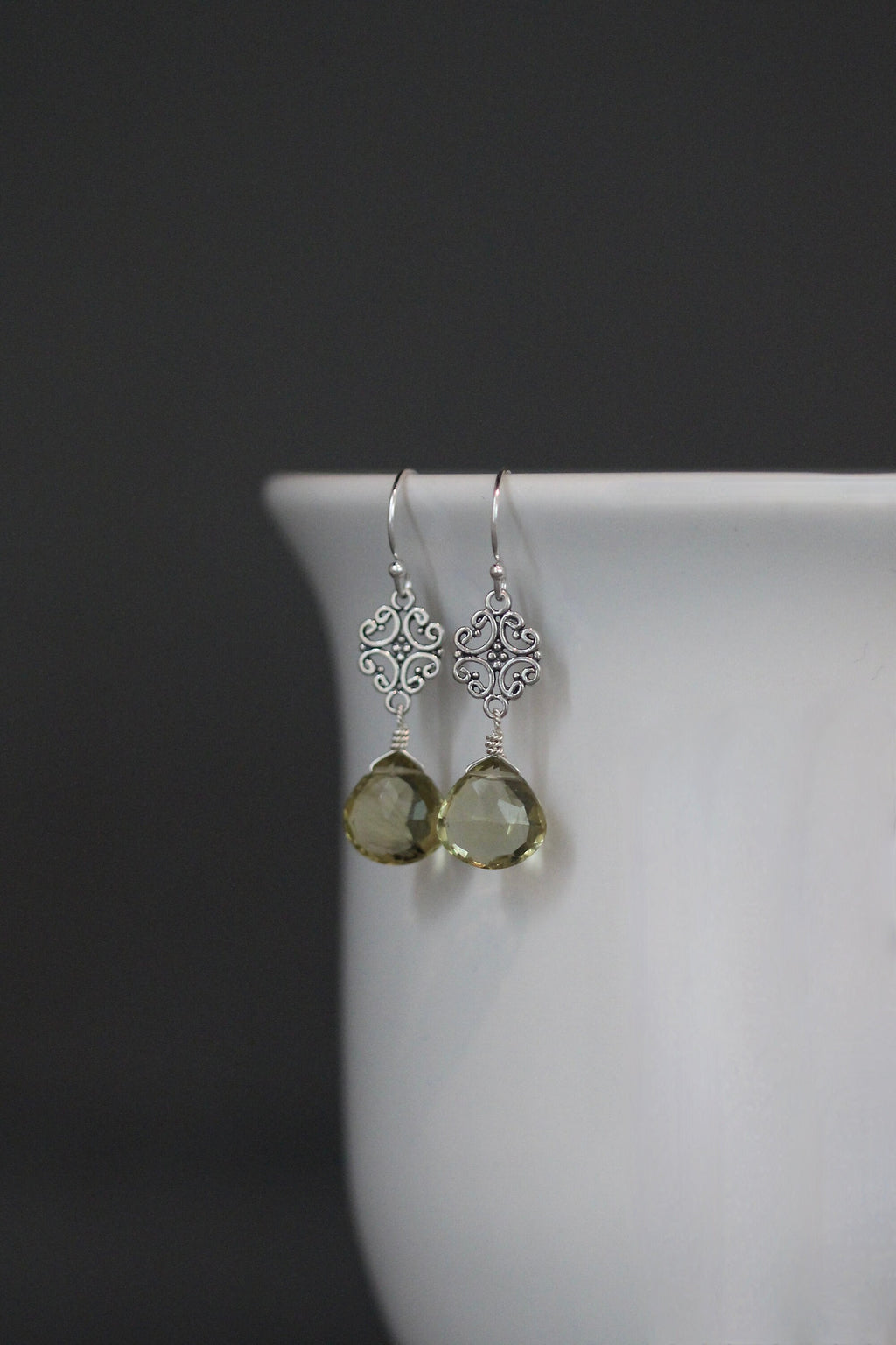 Olive Green Quartz and Bali Sterling Silver Filigree Link Chandelier Earrings