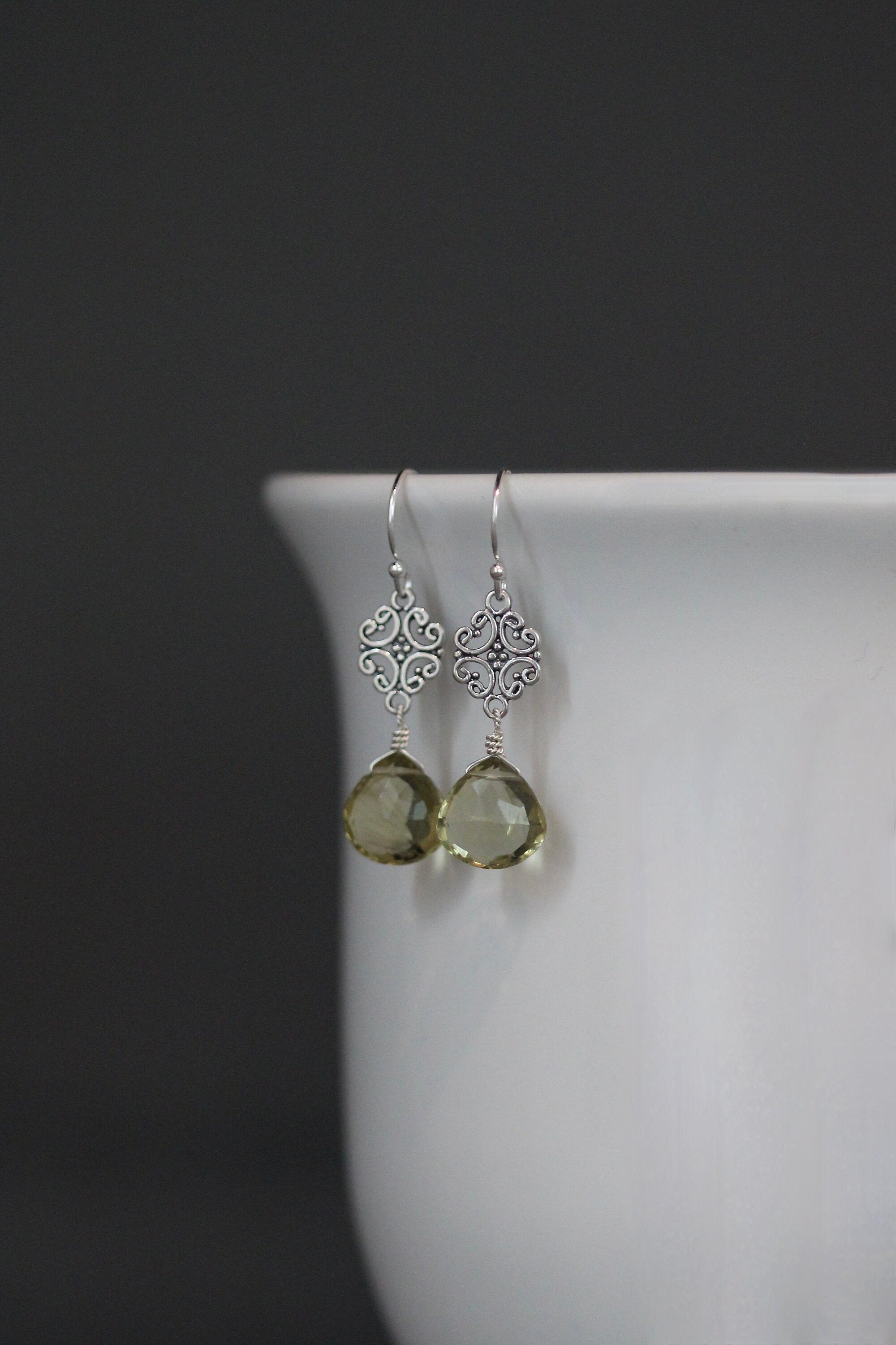 Olive Green Quartz and Bali Sterling Silver Filigree Link Chandelier Earrings