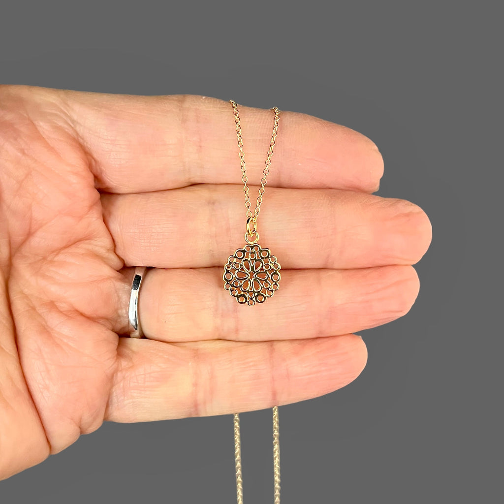 Small Gold Vermeil Filigree Flower Charm Pendant Necklace on Gold Filled Chain