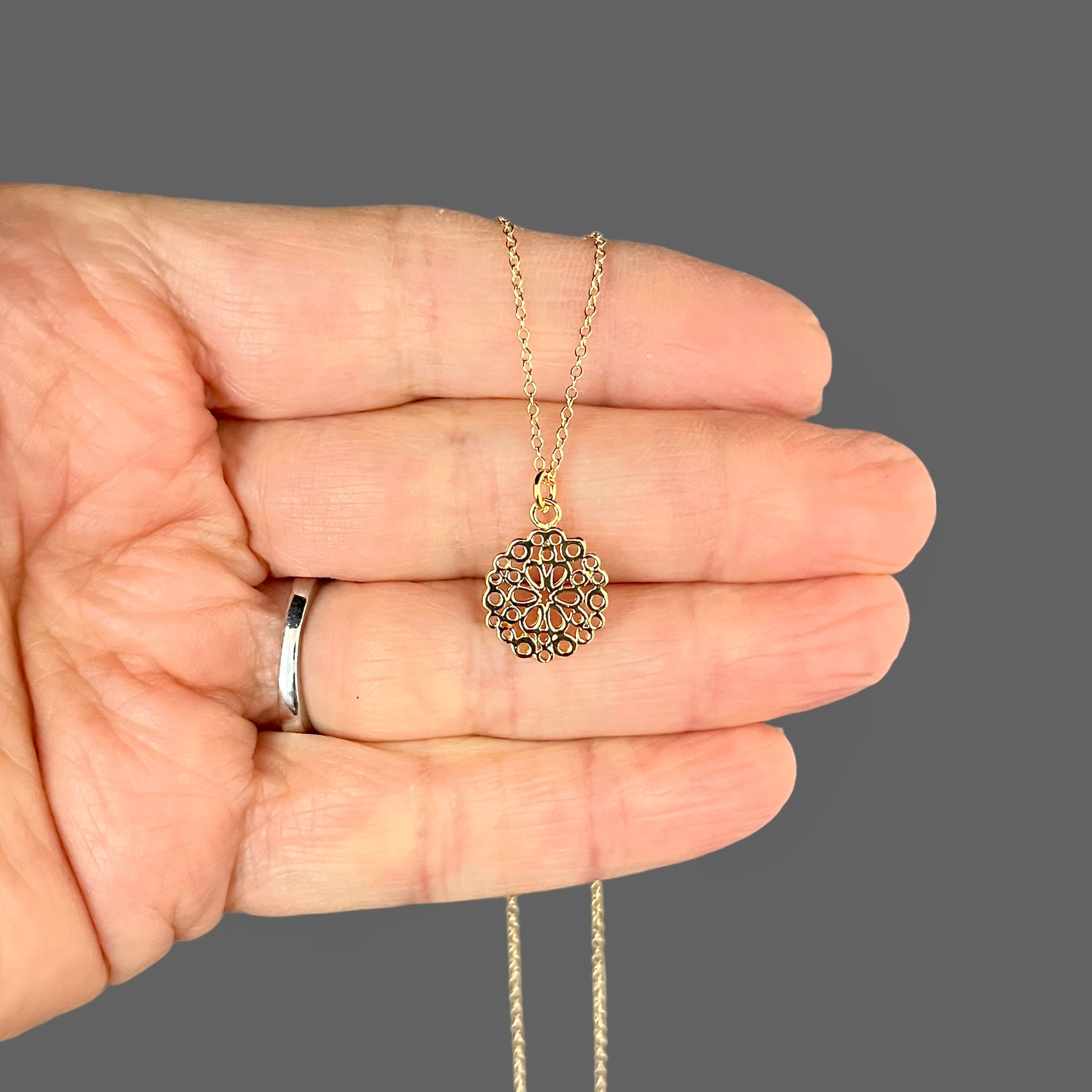 Small Gold Vermeil Filigree Flower Charm Pendant Necklace on Gold Filled Chain