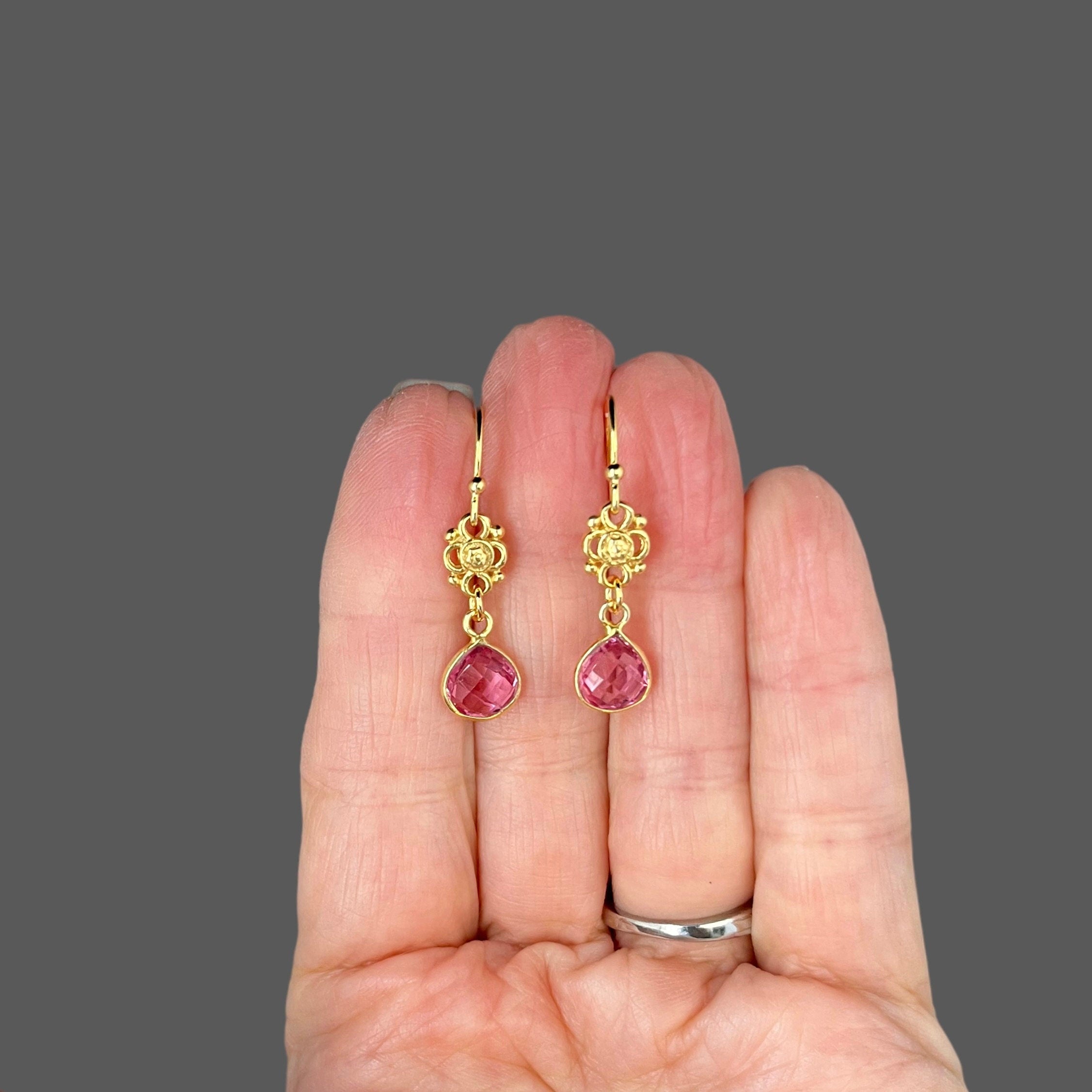 Hot Pink Quartz Teardrop Earrings in Gold Vermeil Bezels
