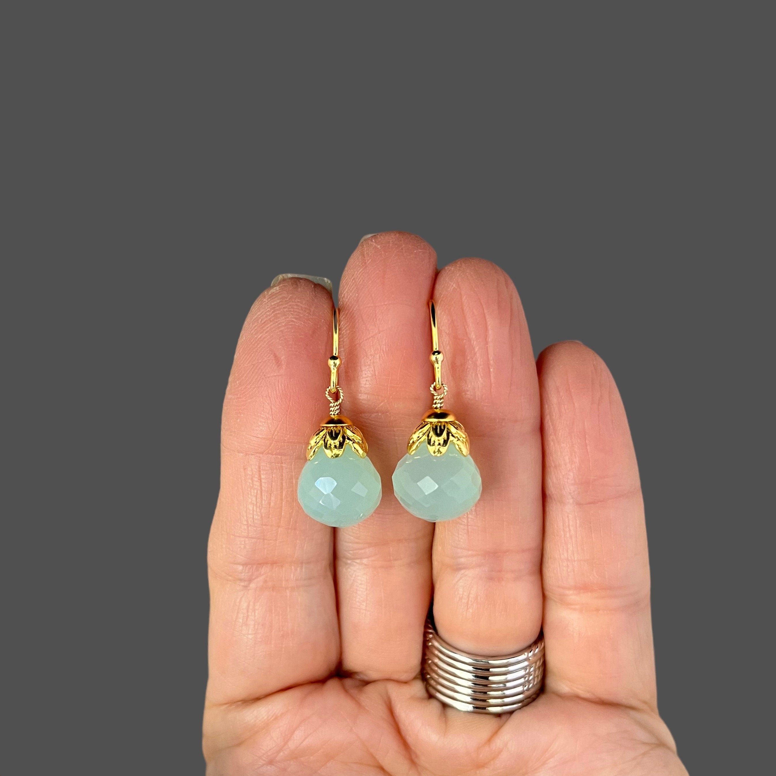 Aqua Chalcedony Briolette Earrings with Gold Vermeil Caps