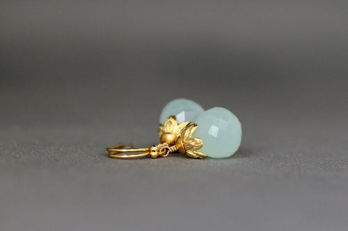 Aqua Chalcedony Briolette Earrings with Gold Vermeil Caps