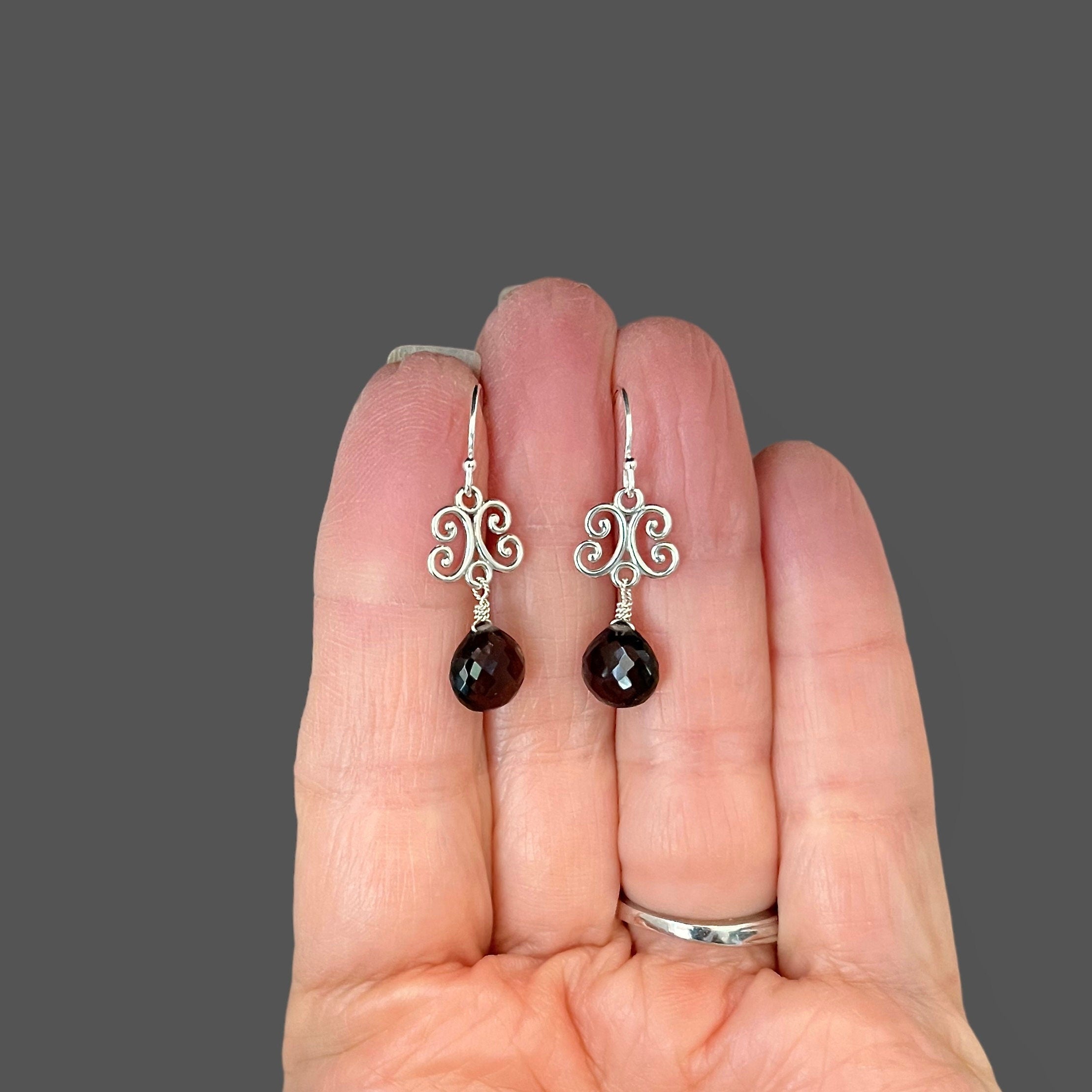 Smokey Quartz Teardrop and Bali Sterling Silver Link Dangle Earrings