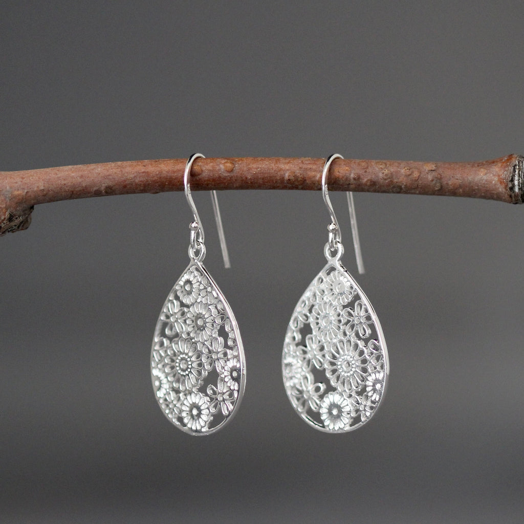 Sterling Silver Filigree Flower Teardrop Dangle Earrings