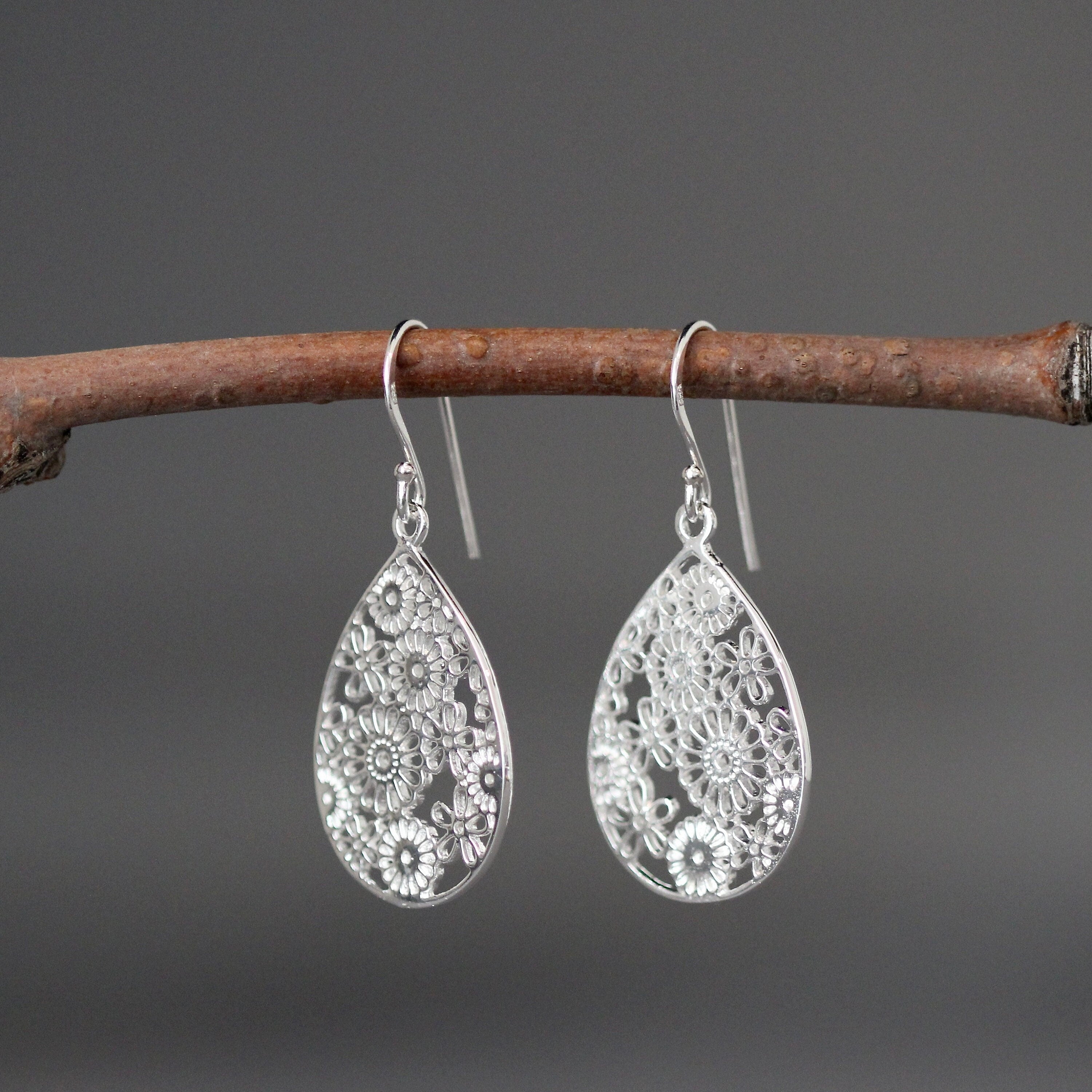 Sterling Silver Filigree Flower Teardrop Dangle Earrings