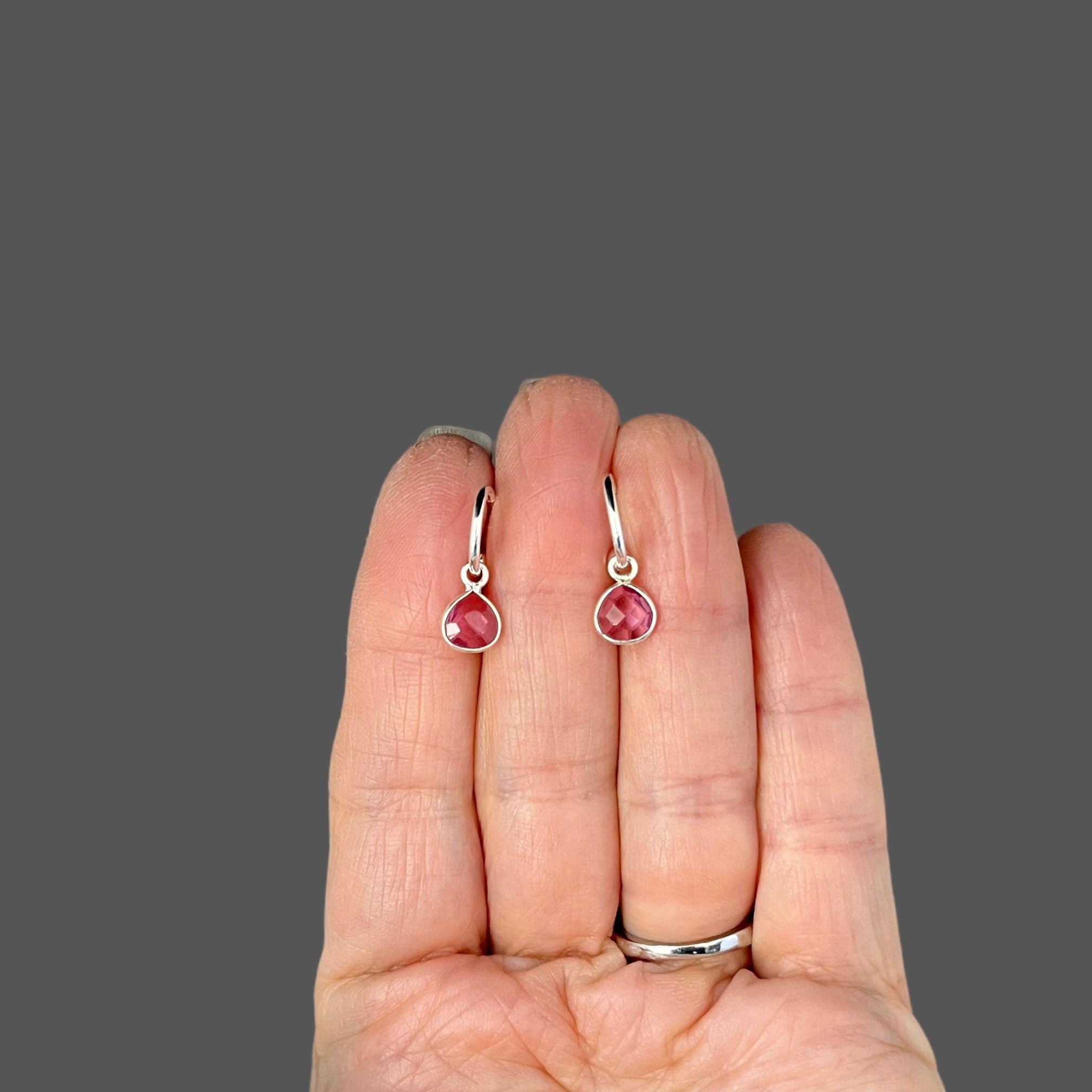 Hot Pink Quartz Bezel Charm Earrings on Sterling Silver Post Hoops