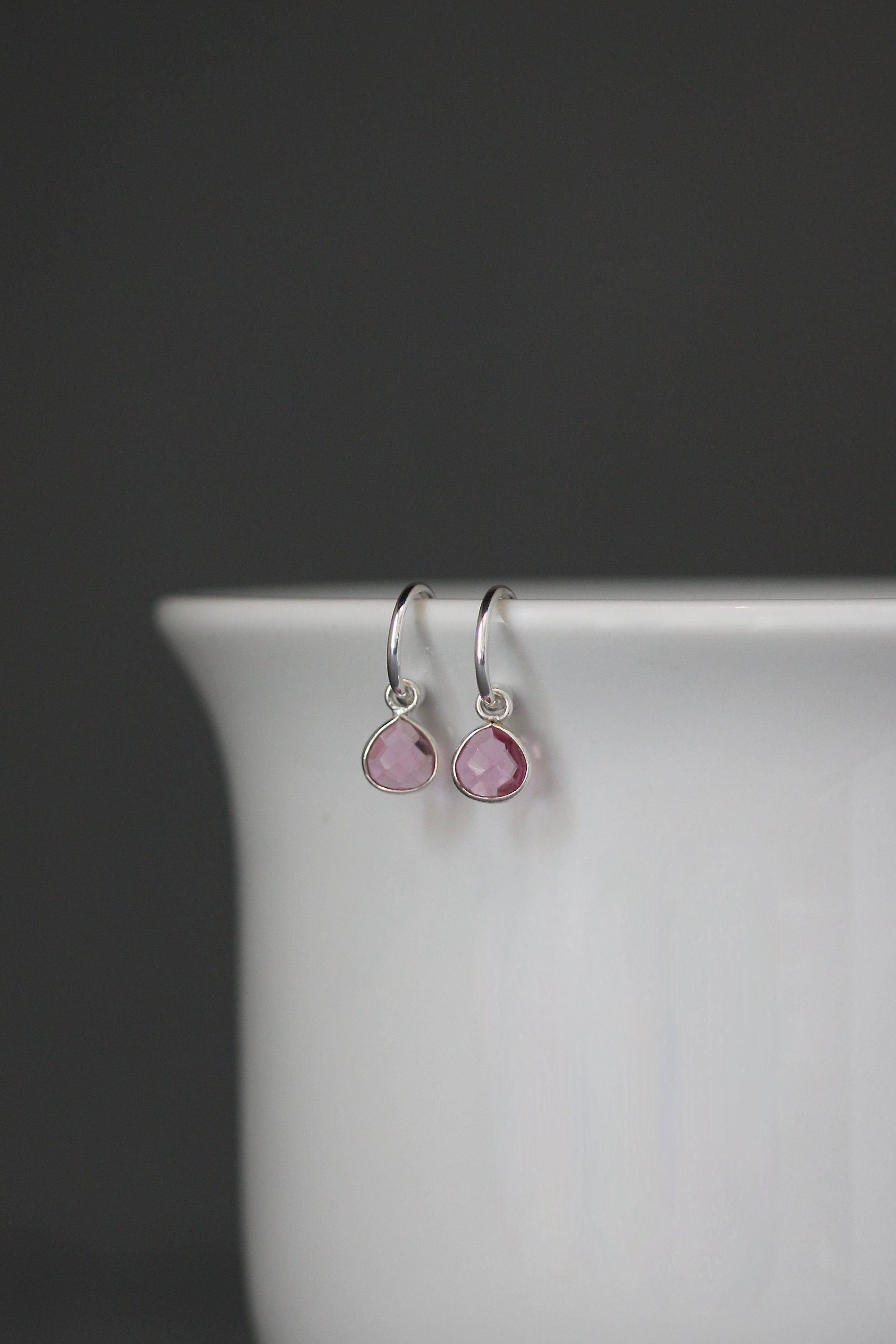 Hot Pink Quartz Bezel Charm Earrings on Sterling Silver Post Hoops