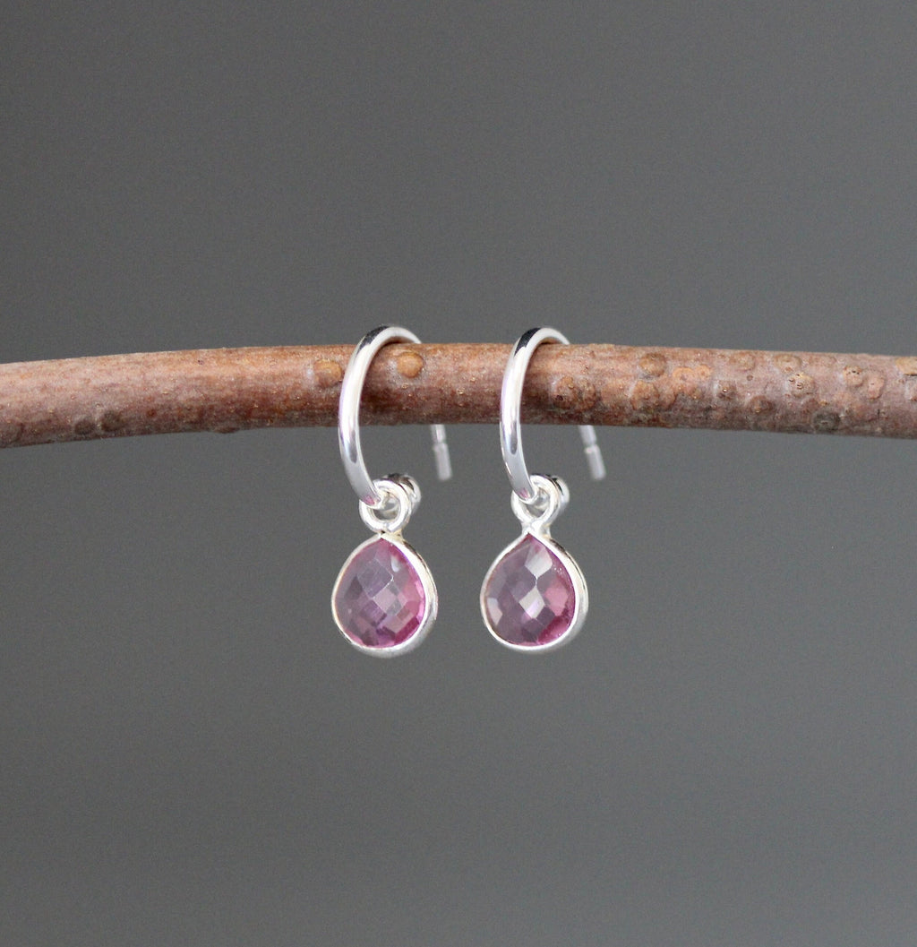 Hot Pink Quartz Bezel Charm Earrings on Sterling Silver Post Hoops