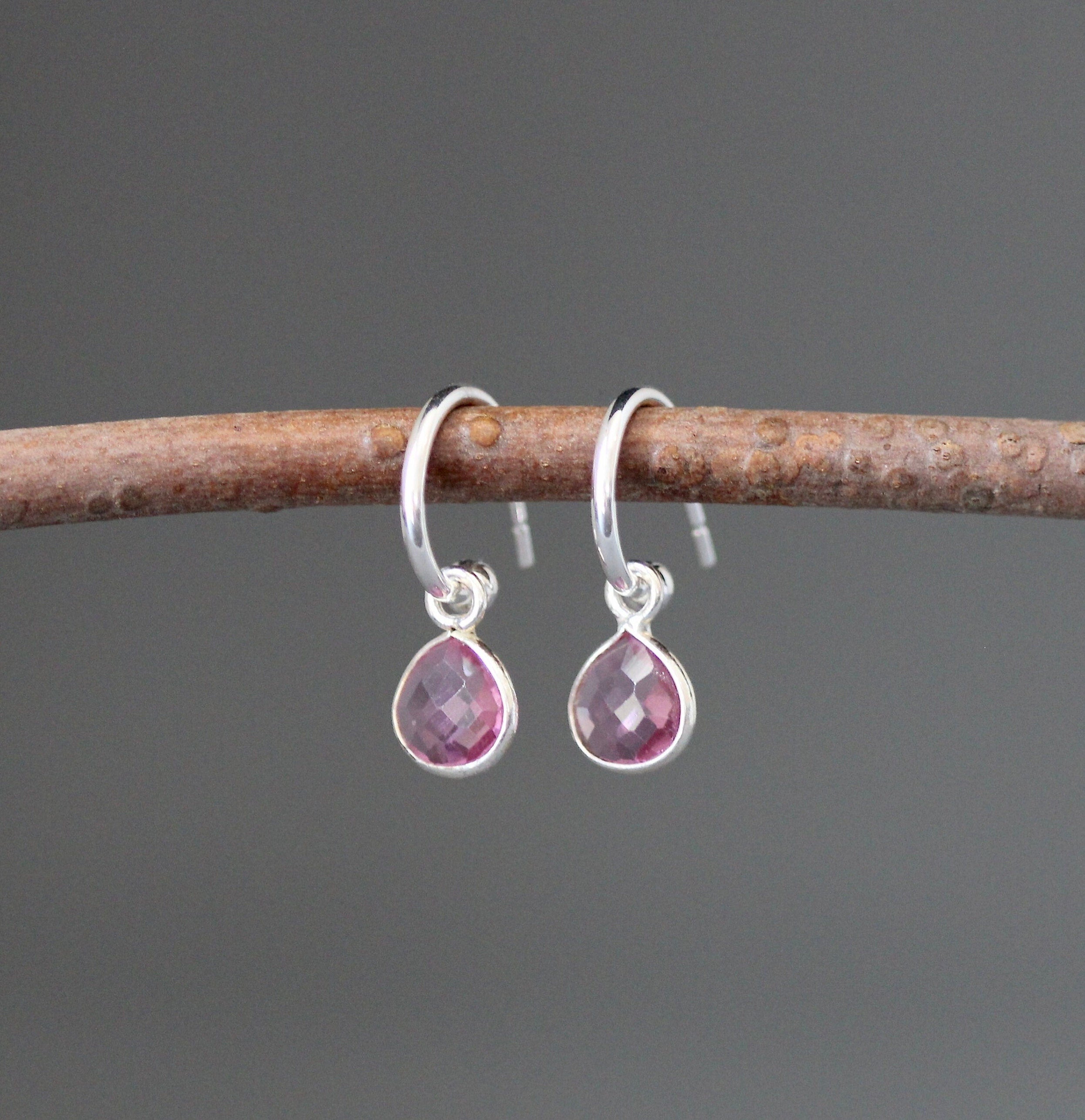 Hot Pink Quartz Bezel Charm Earrings on Sterling Silver Post Hoops