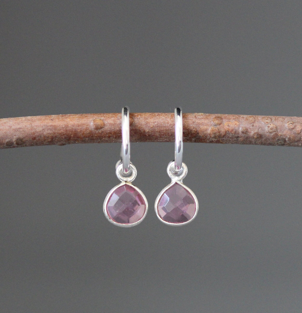 Hot Pink Quartz Bezel Charm Earrings on Sterling Silver Post Hoops