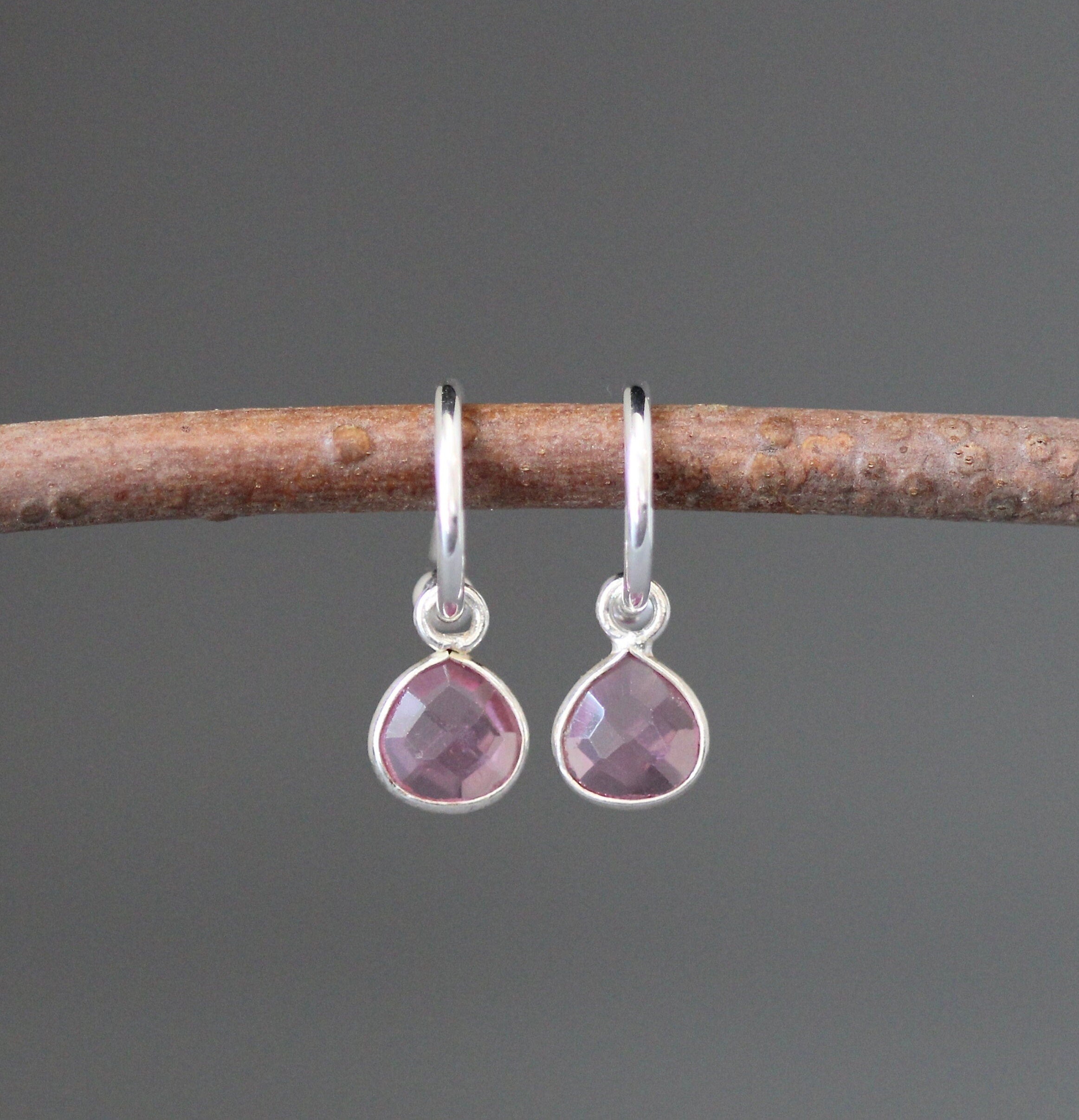 Hot Pink Quartz Bezel Charm Earrings on Sterling Silver Post Hoops