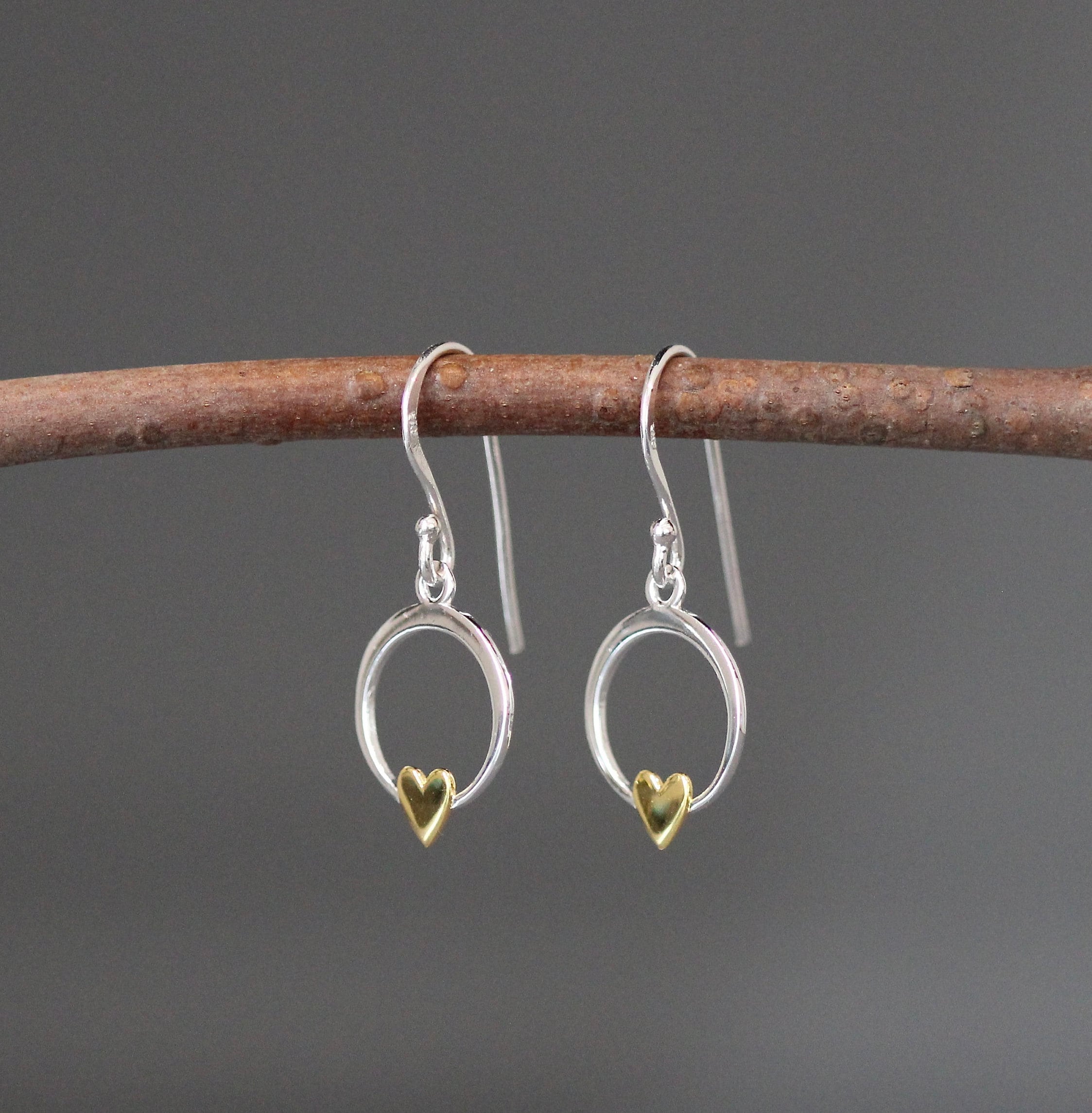 Sterling Silver and Gold Vermeil Heart Charm Dangle Earrings