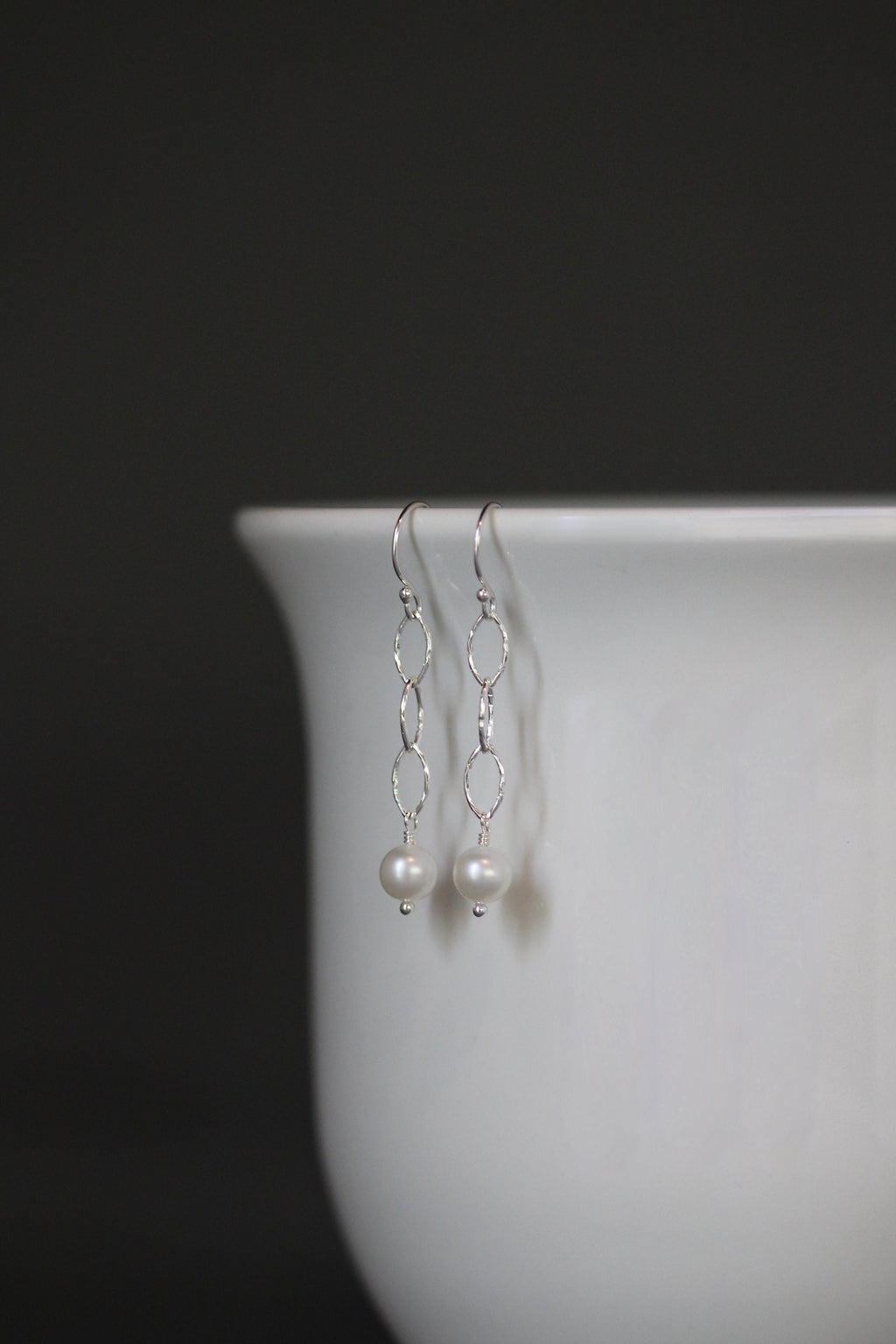 White Akoya Pearl and Sterling Silver Oval Link Dangle Earrings