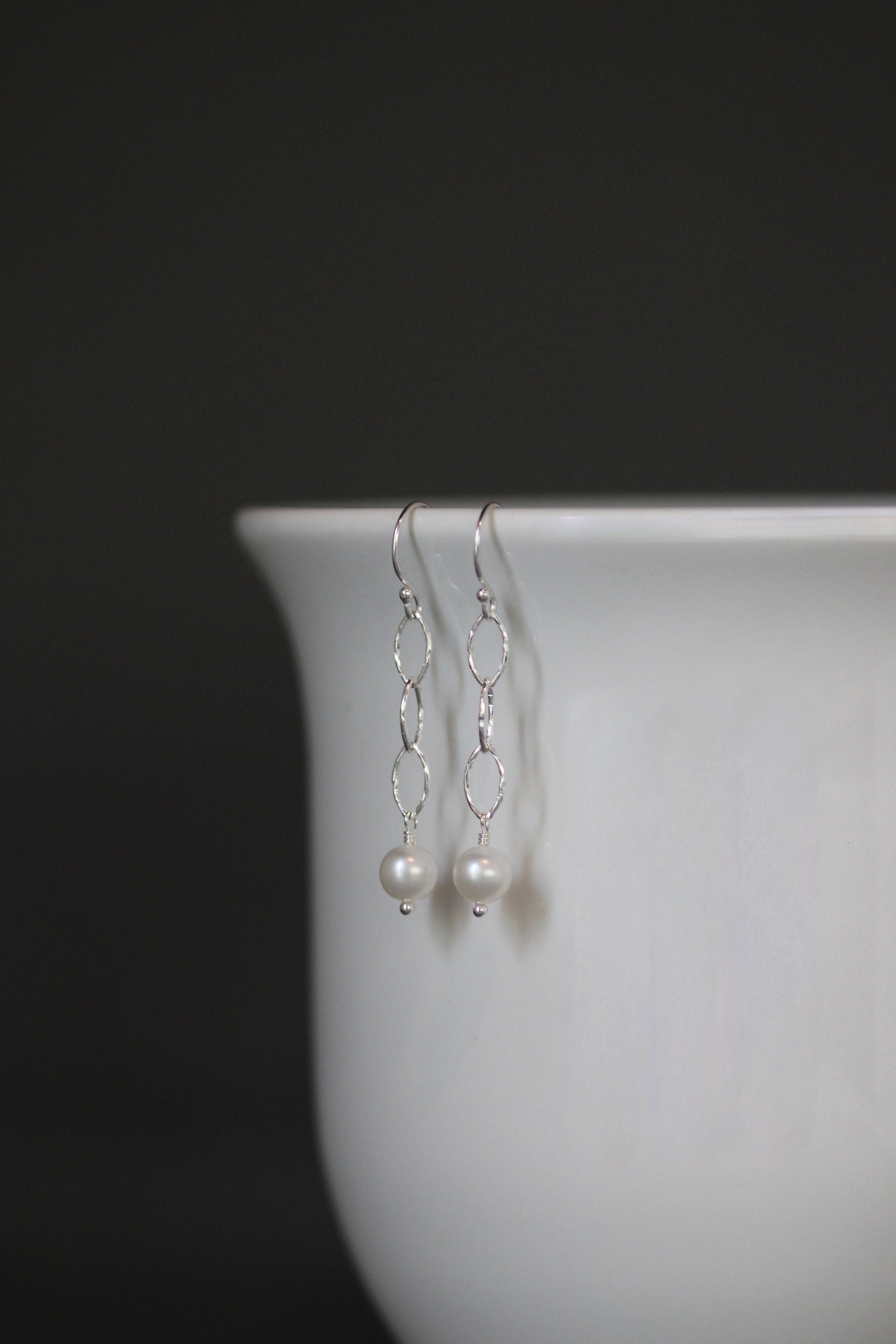 White Akoya Pearl and Sterling Silver Oval Link Dangle Earrings