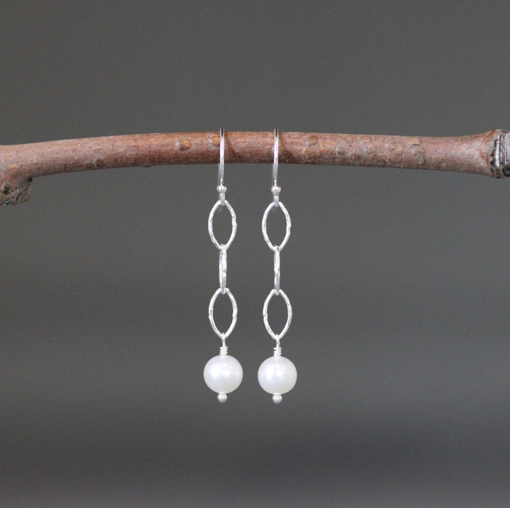 White Akoya Pearl and Sterling Silver Oval Link Dangle Earrings