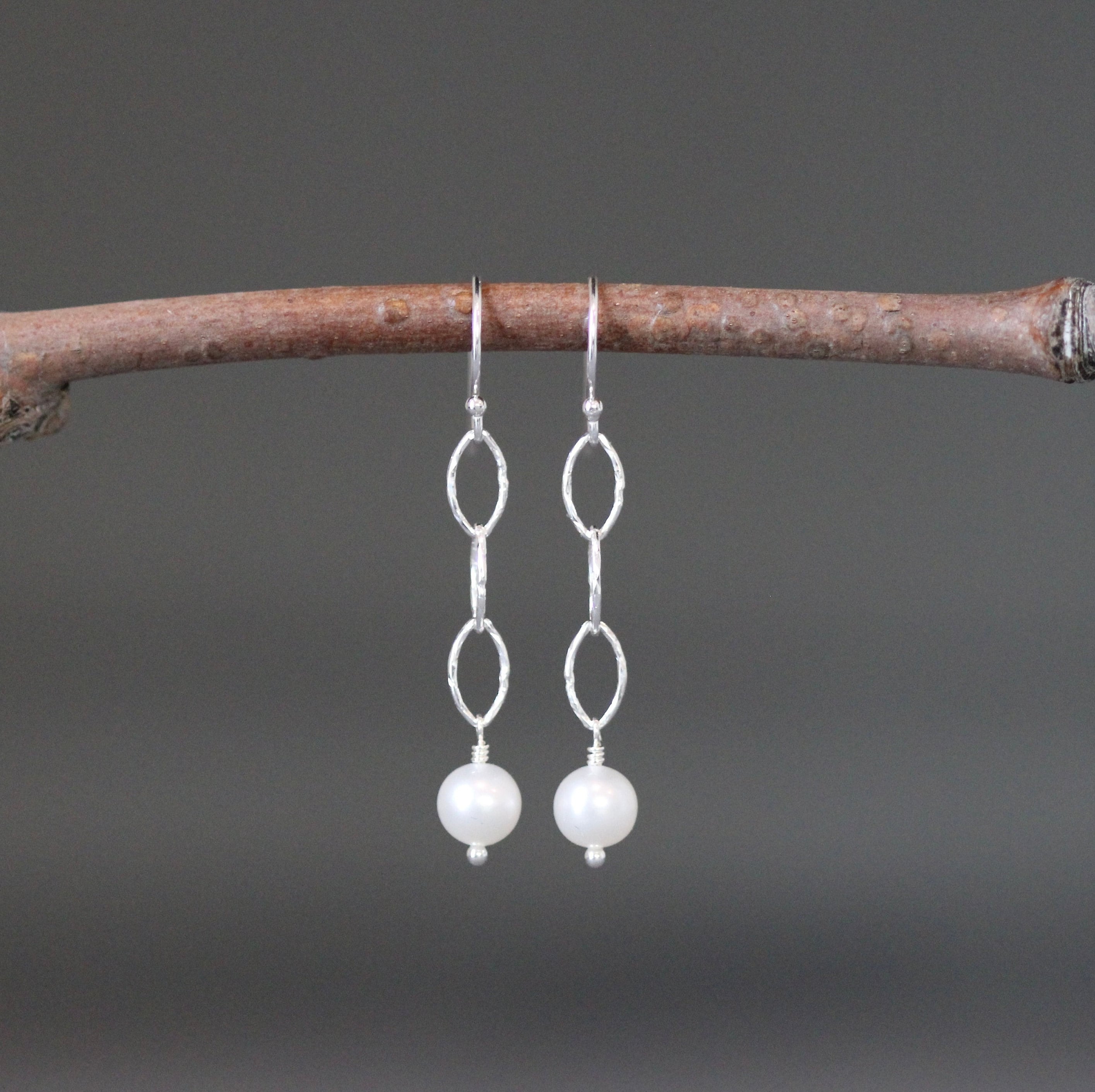 White Akoya Pearl and Sterling Silver Oval Link Dangle Earrings