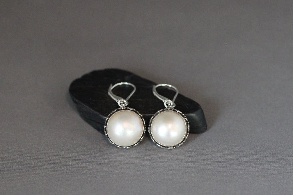Freshwater Pearl Bezel Charm Earrings in Bali Silver