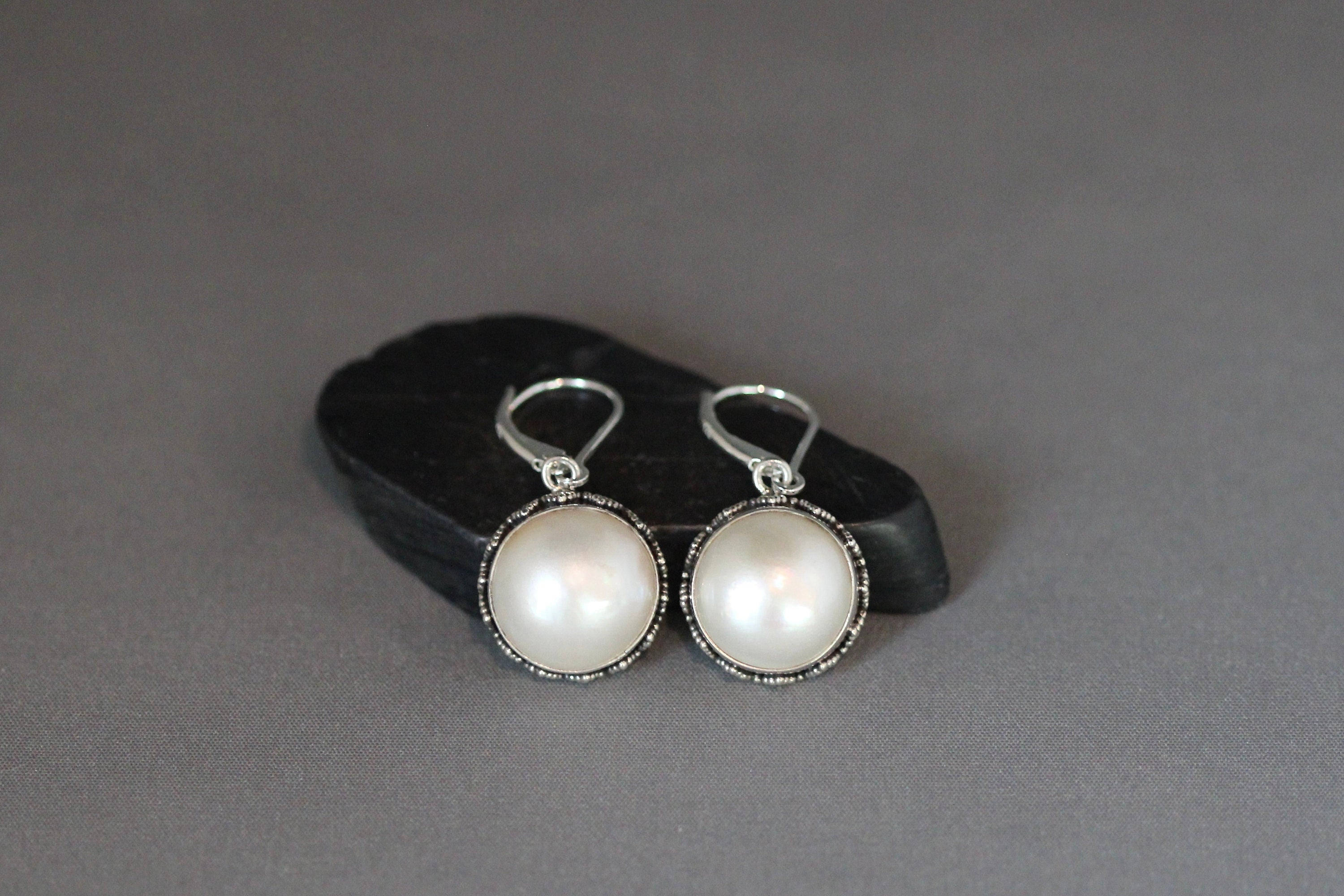 Freshwater Pearl Bezel Charm Earrings in Bali Silver
