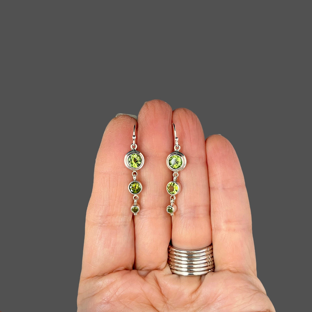 Peridot Three-Stone Graduated Bezel Sterling Silver Dangle Earrings