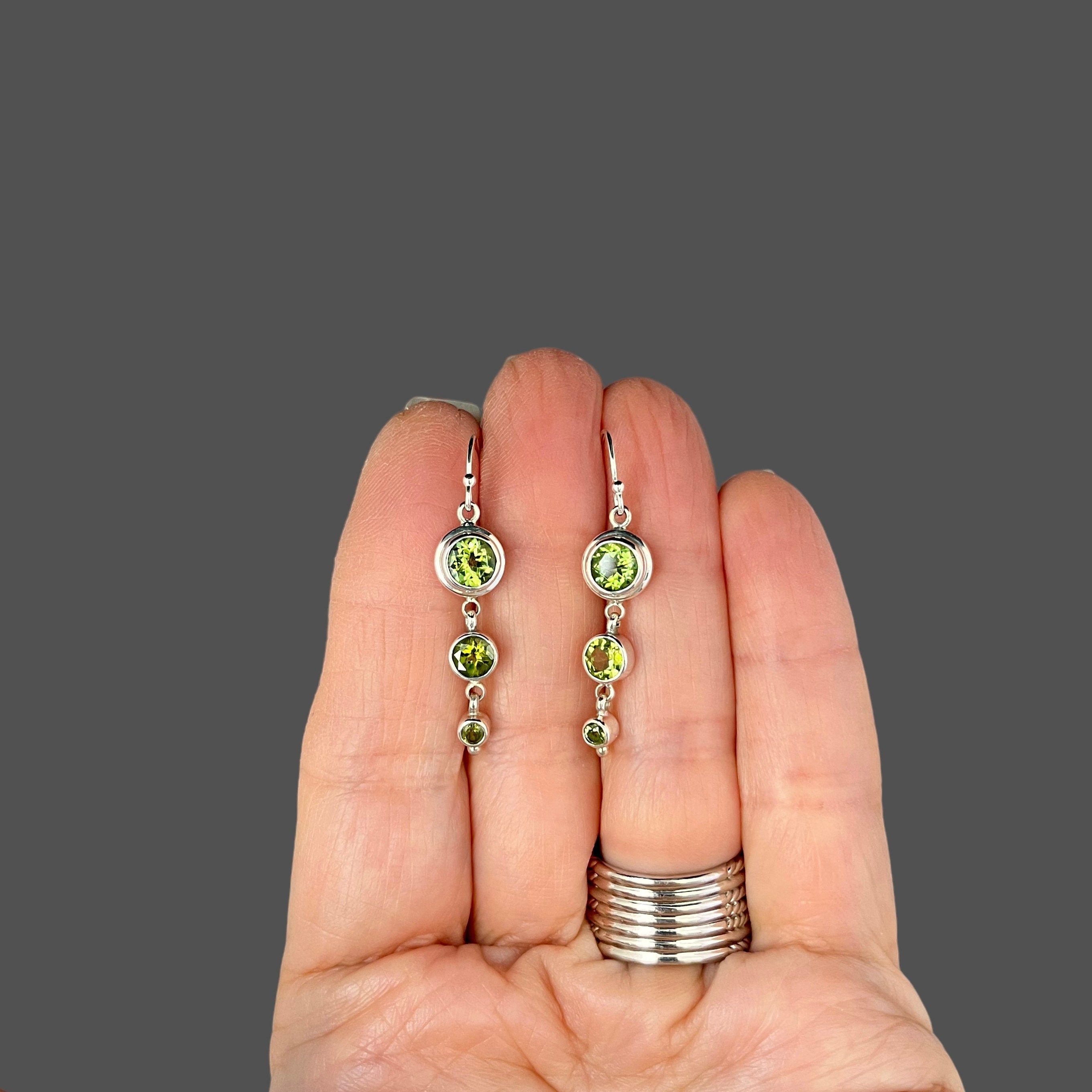 Peridot Three-Stone Graduated Bezel Sterling Silver Dangle Earrings