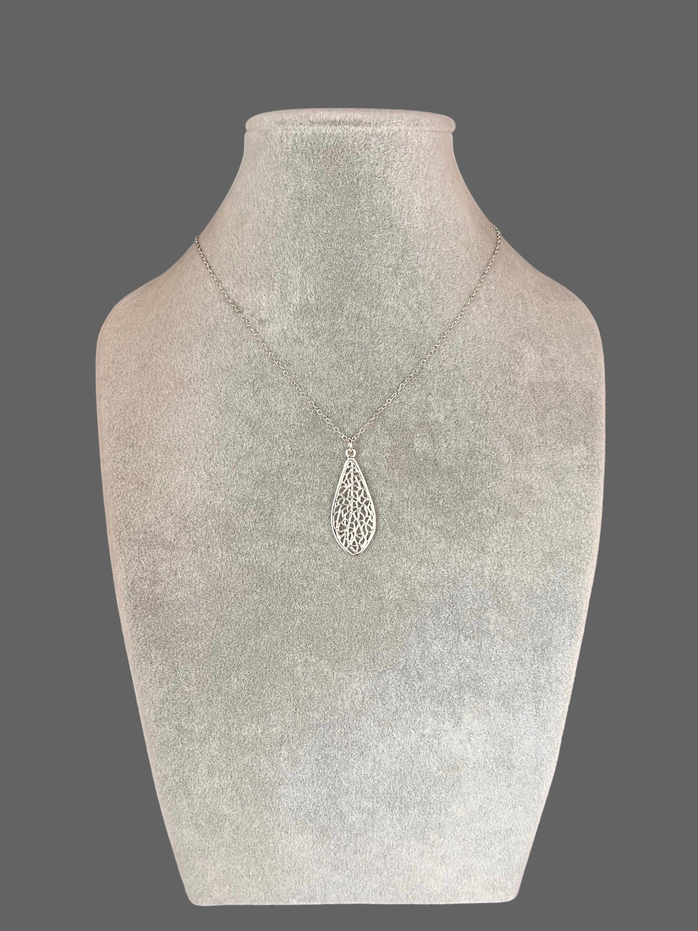 Silver Filigree Teardrop Charm Pendant Necklace