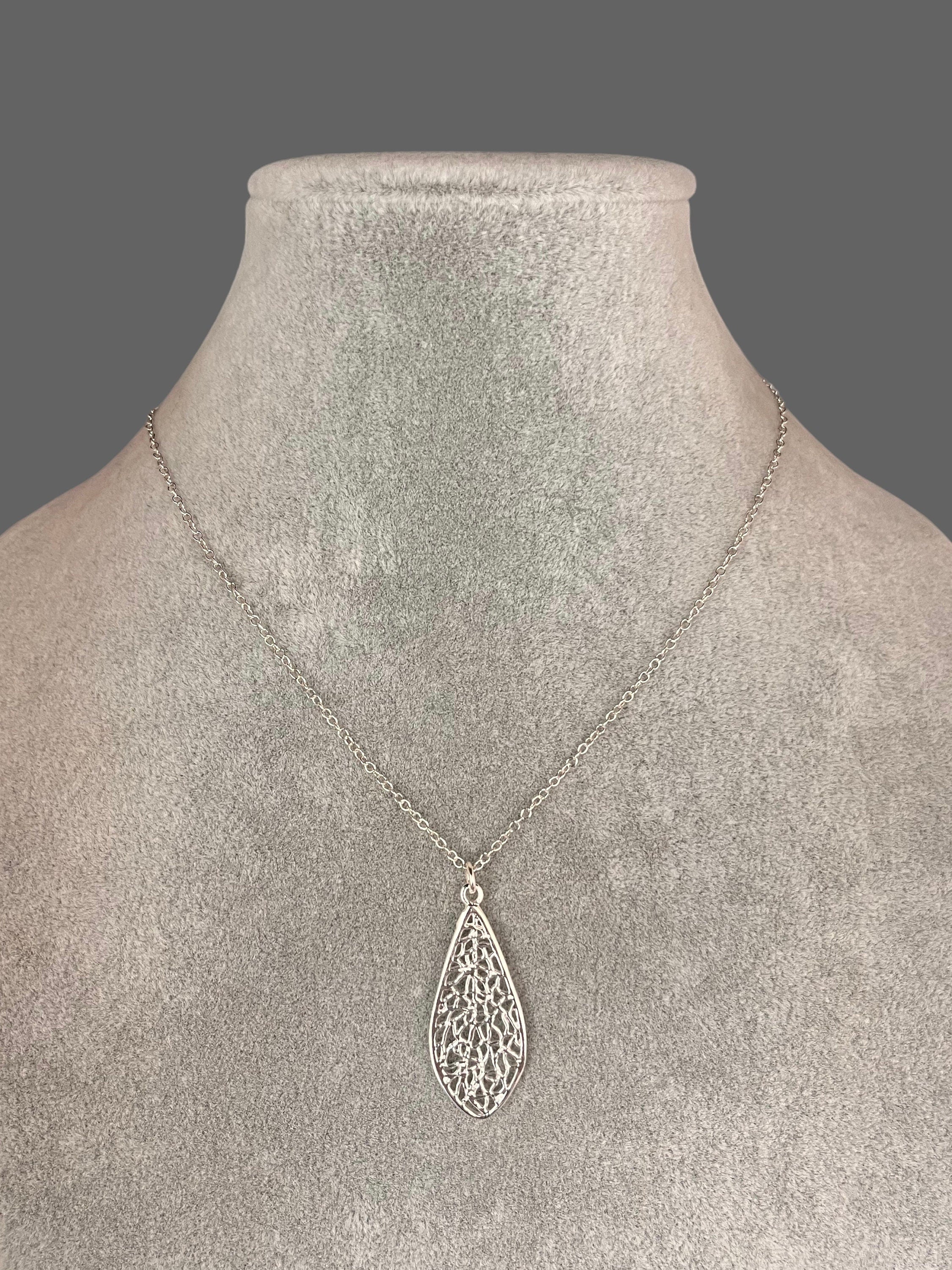 Silver Filigree Teardrop Charm Pendant Necklace