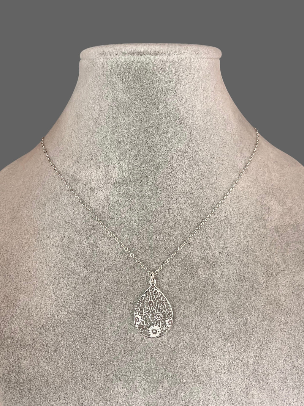 Silver Filigree Flower Charm Necklace on Open Link Chain