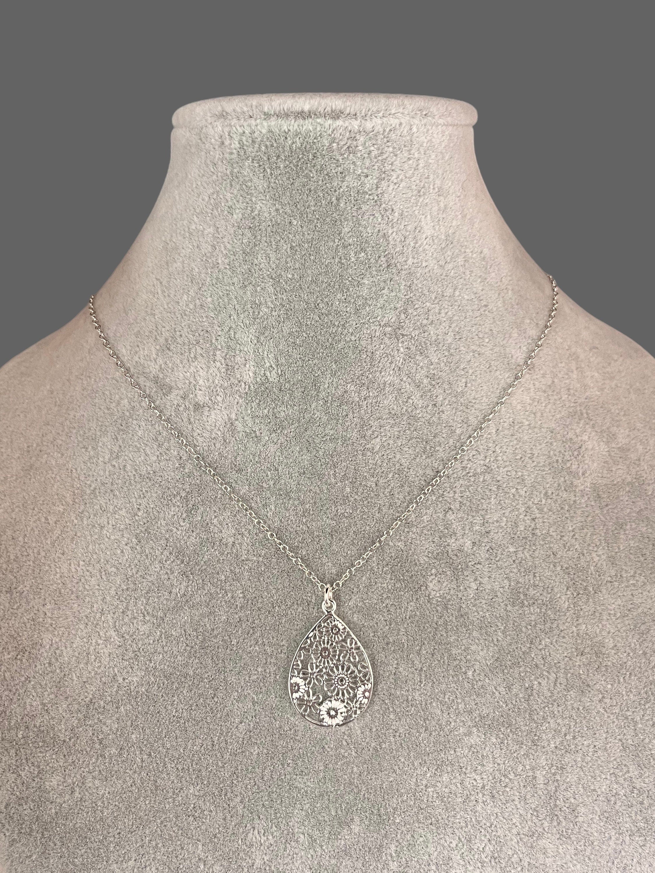 Silver Filigree Flower Charm Necklace on Open Link Chain
