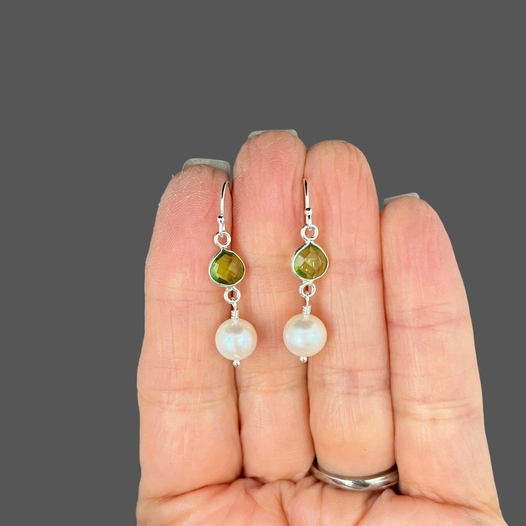 Freshwater Pearl and Peridot Quartz Bezel Dangle Earrings in Sterling Silver