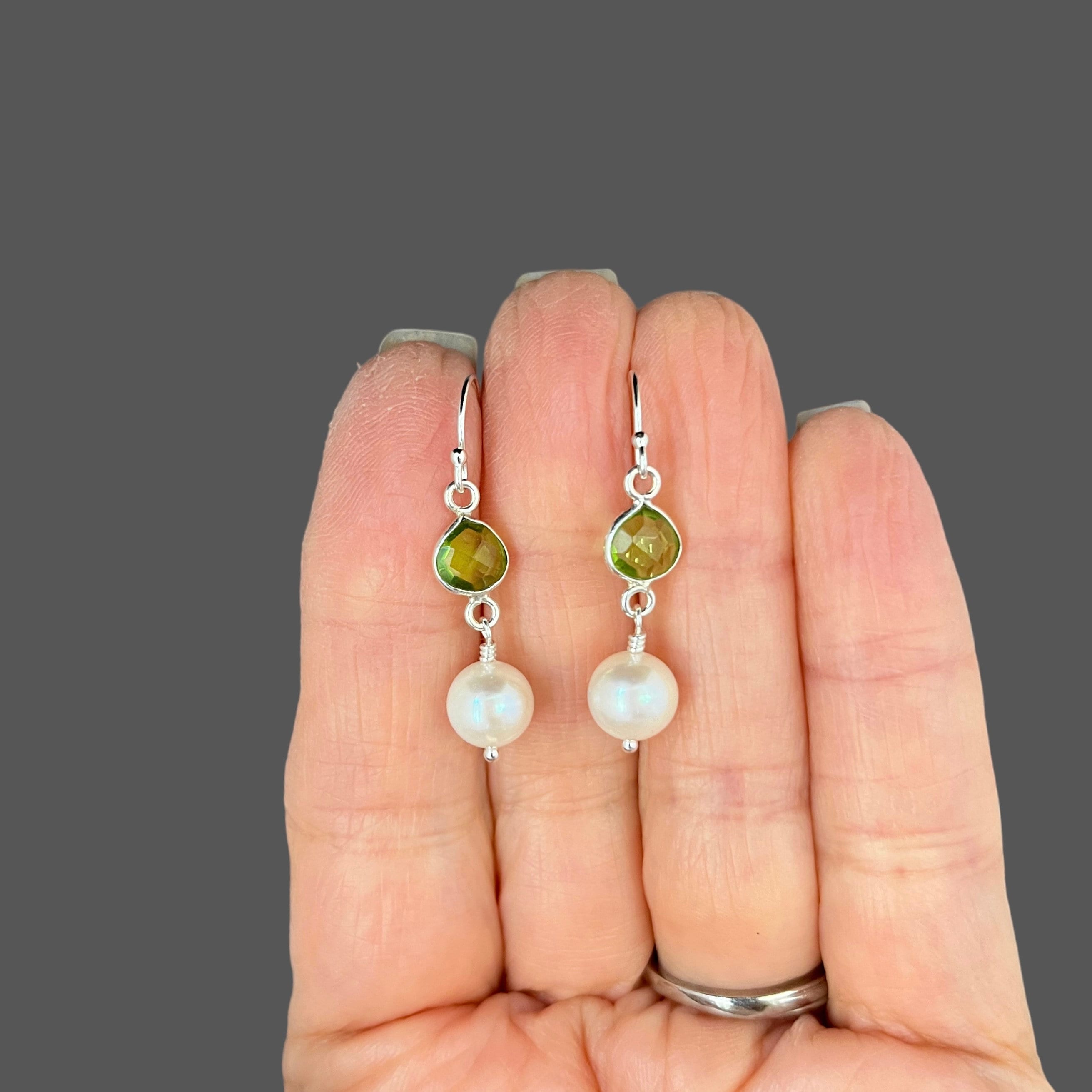 Freshwater Pearl and Peridot Quartz Bezel Dangle Earrings in Sterling Silver