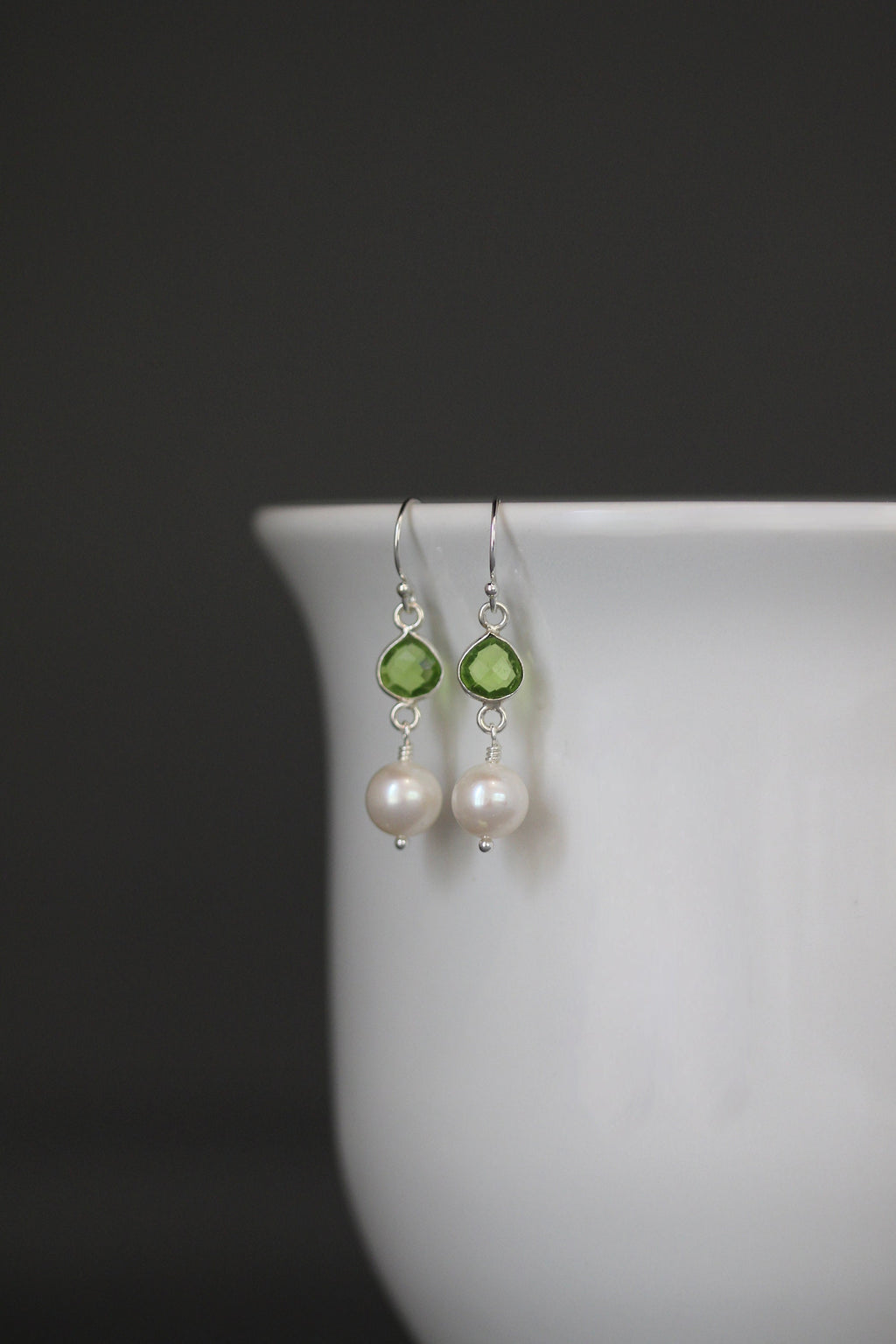 Freshwater Pearl and Peridot Quartz Bezel Dangle Earrings in Sterling Silver