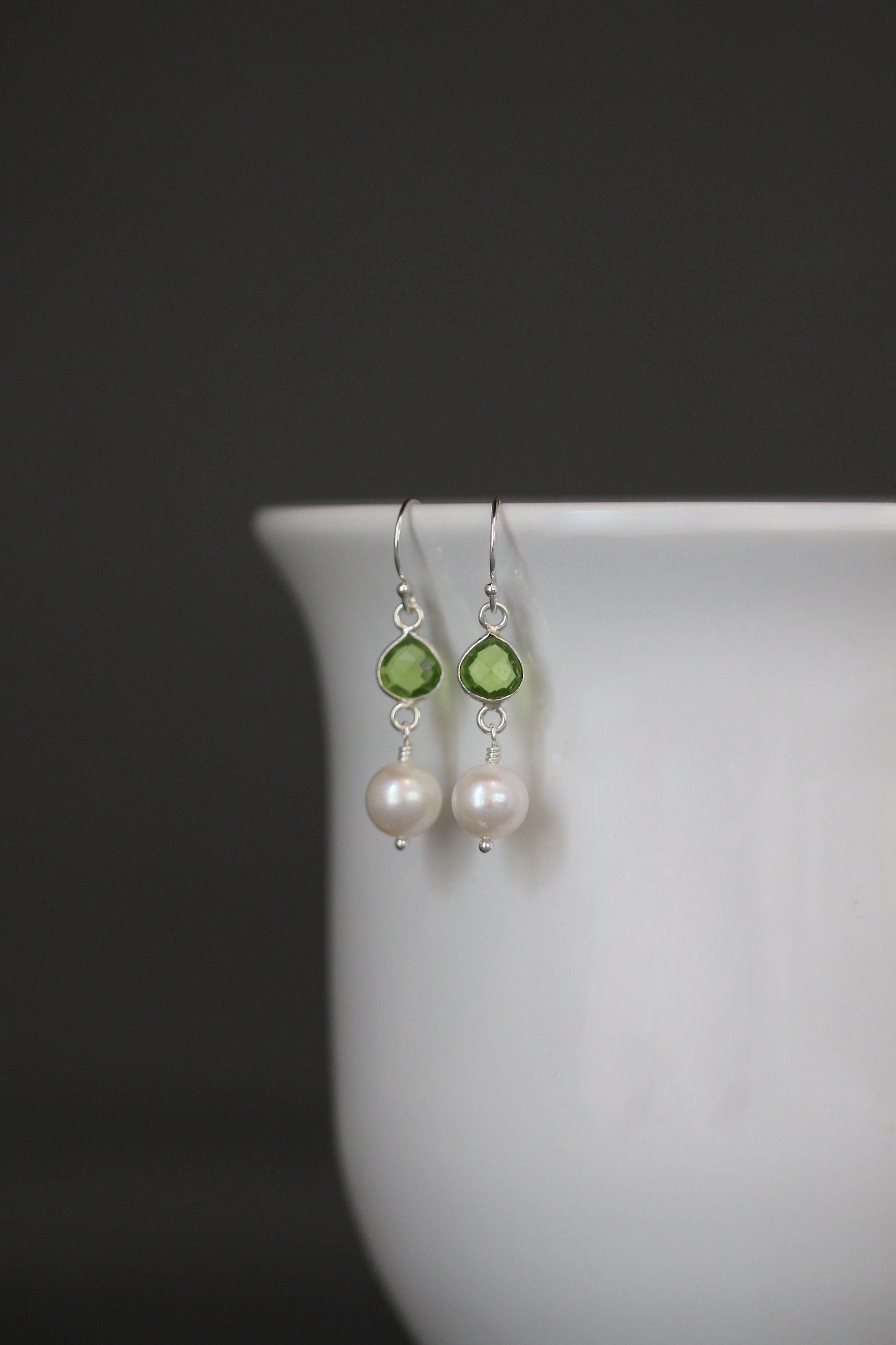 Freshwater Pearl and Peridot Quartz Bezel Dangle Earrings in Sterling Silver