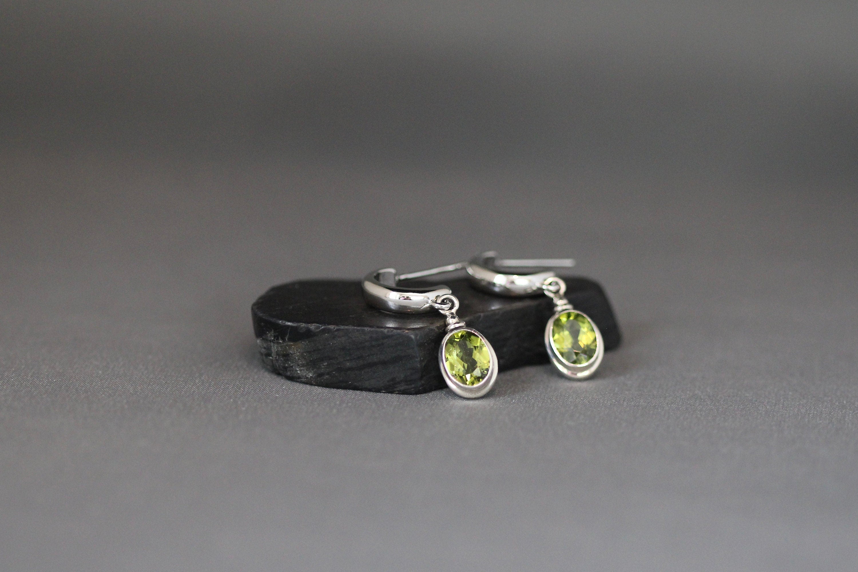 Peridot Bezel Charm Earrings on Sterling Silver Post Hoops