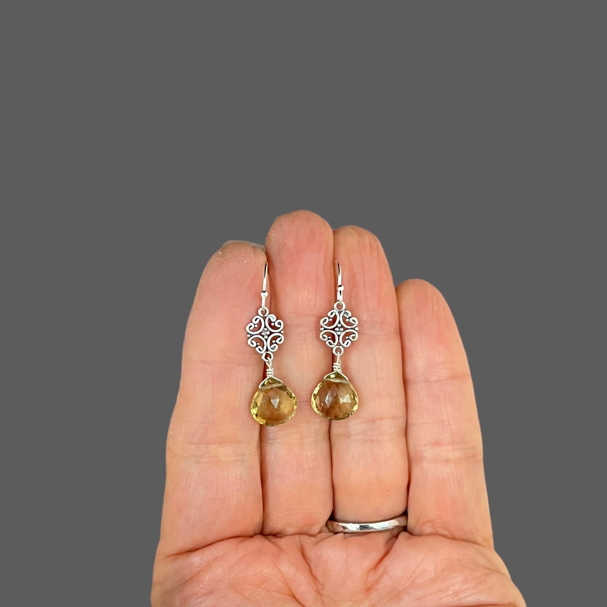 Olive Green Quartz and Bali Sterling Silver Filigree Link Chandelier Earrings
