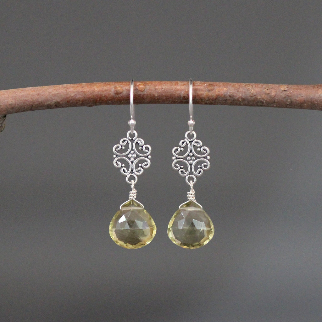 Olive Green Quartz and Bali Sterling Silver Filigree Link Chandelier Earrings