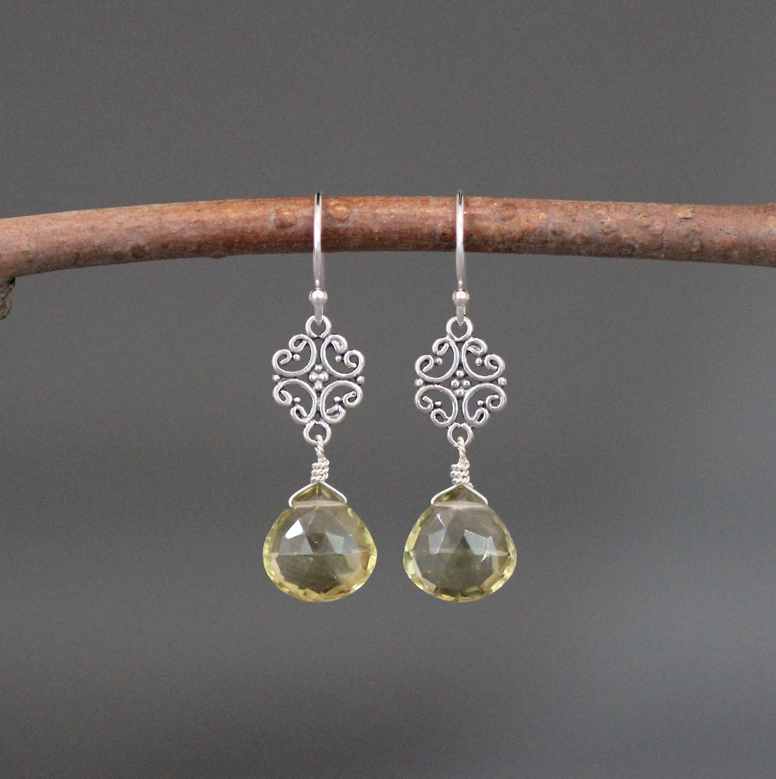 Olive Green Quartz and Bali Sterling Silver Filigree Link Chandelier Earrings