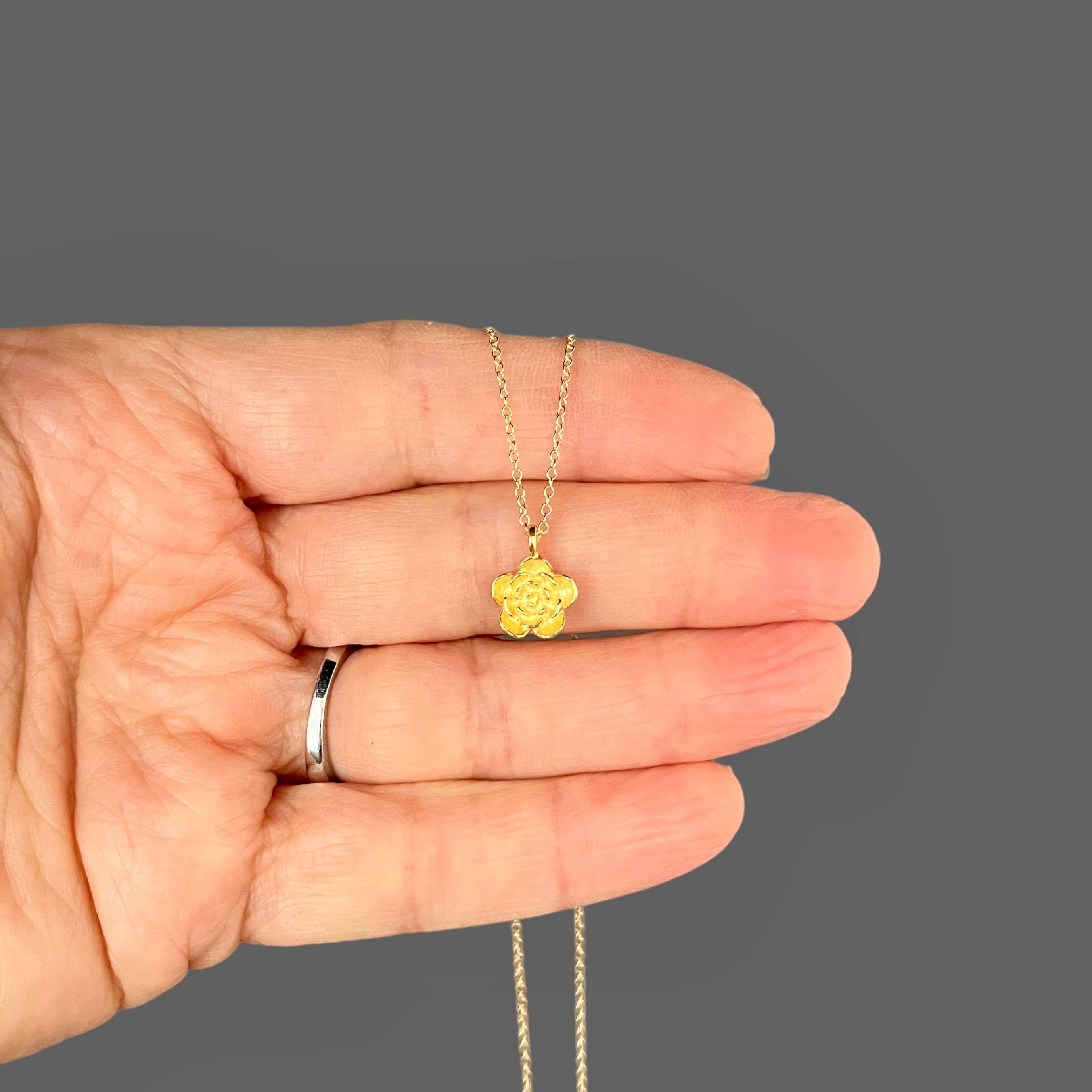 Small Three-Dimensional Gold Vermeil Flower Charm Pendant Necklace