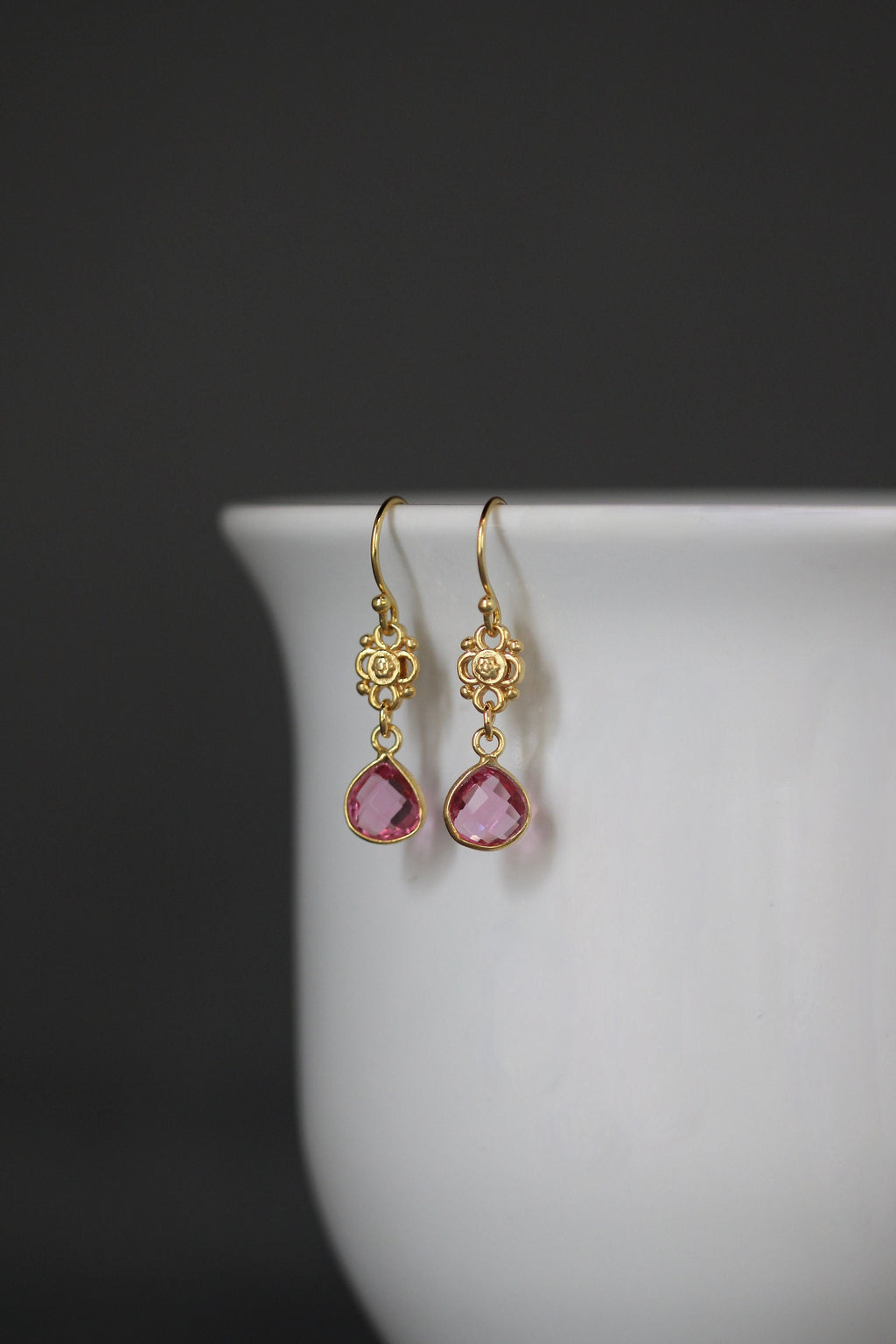 Hot Pink Quartz Teardrop Earrings in Gold Vermeil Bezels