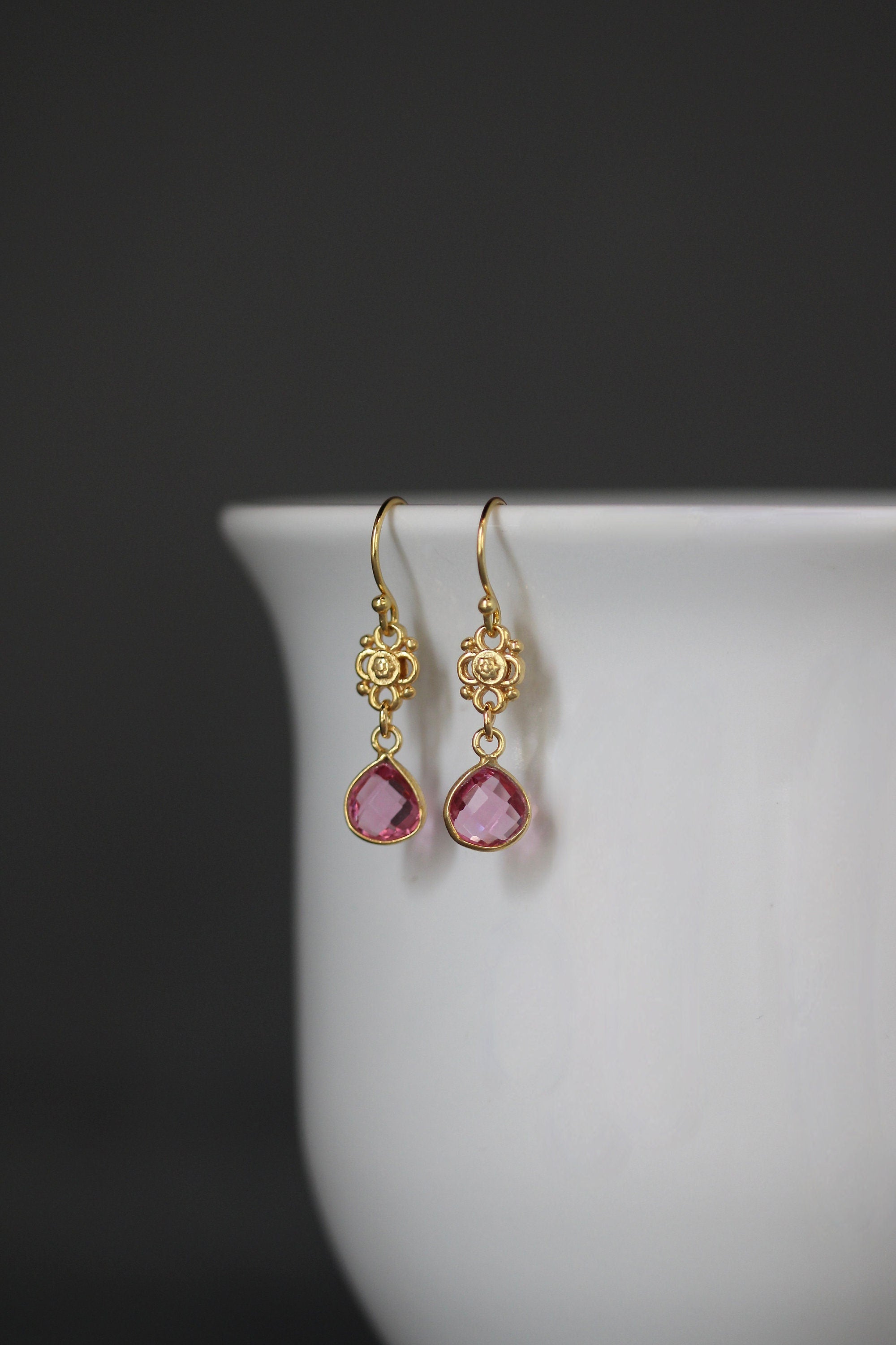 Hot Pink Quartz Teardrop Earrings in Gold Vermeil Bezels