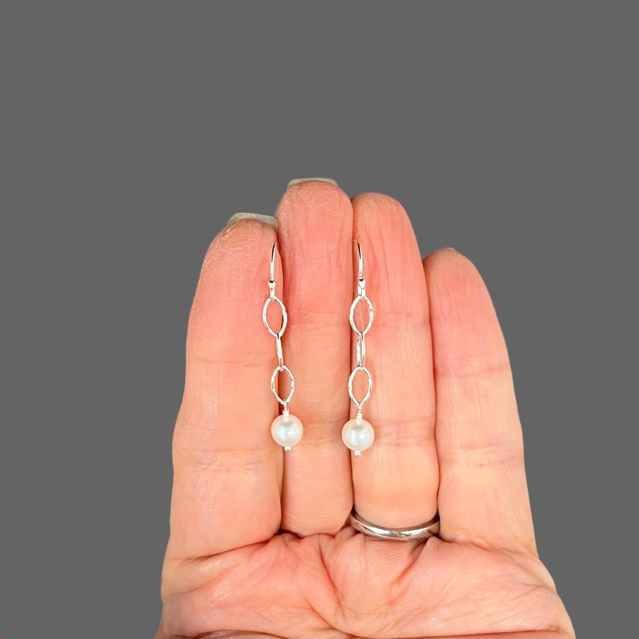 White Akoya Pearl and Sterling Silver Oval Link Dangle Earrings