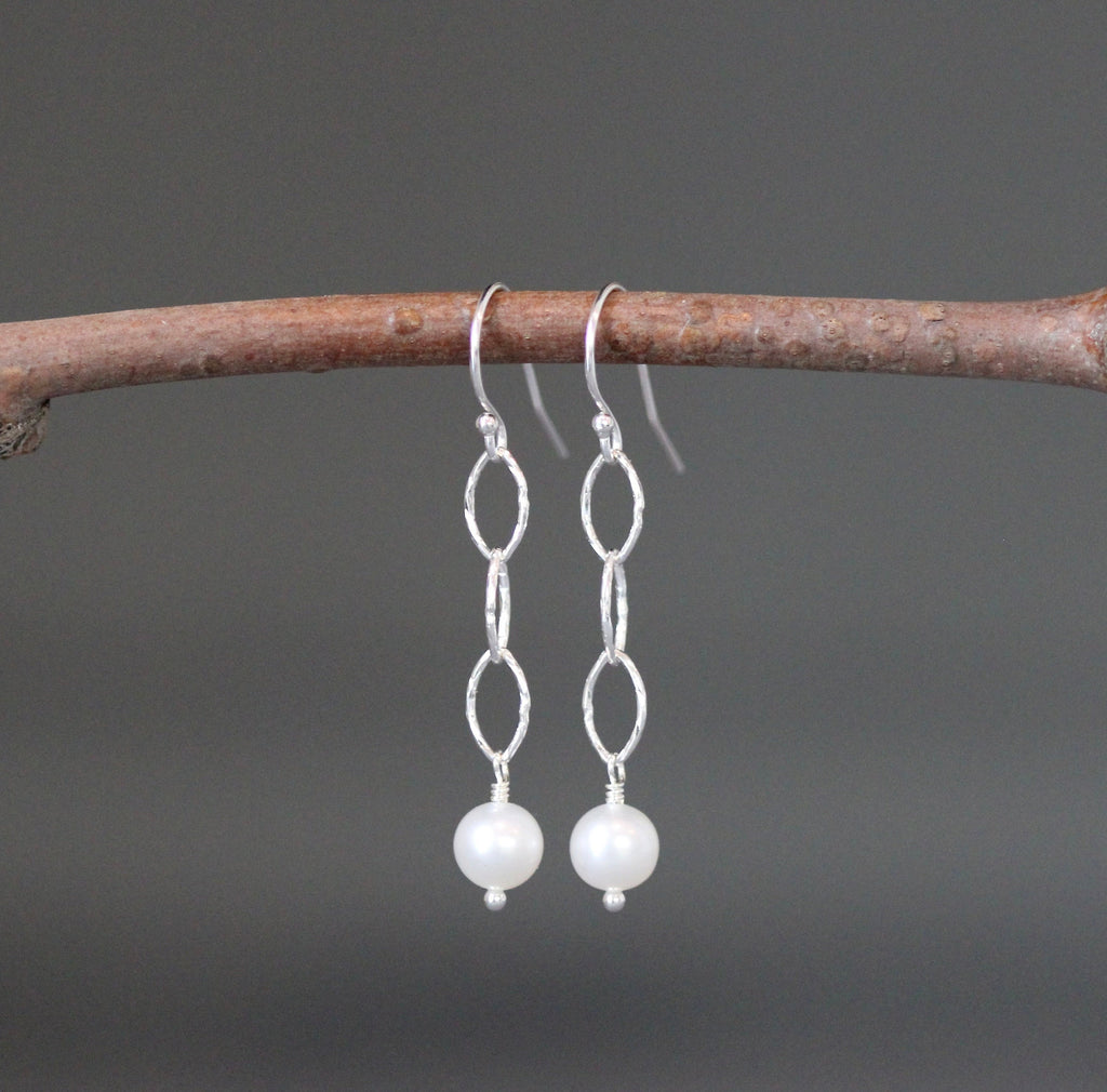 White Akoya Pearl and Sterling Silver Oval Link Dangle Earrings