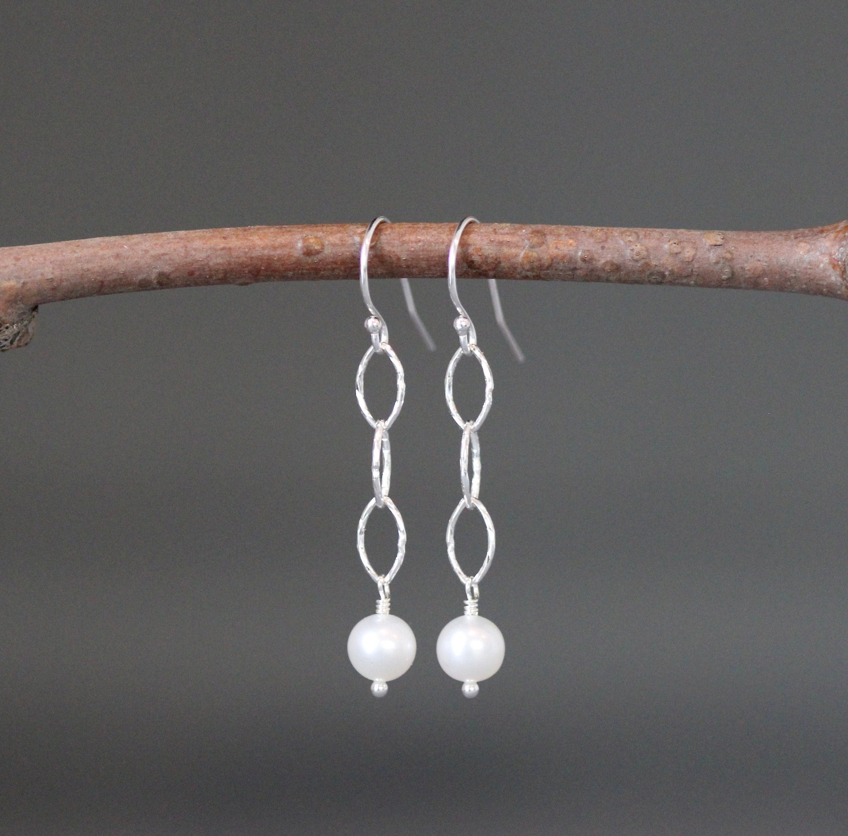 White Akoya Pearl and Sterling Silver Oval Link Dangle Earrings