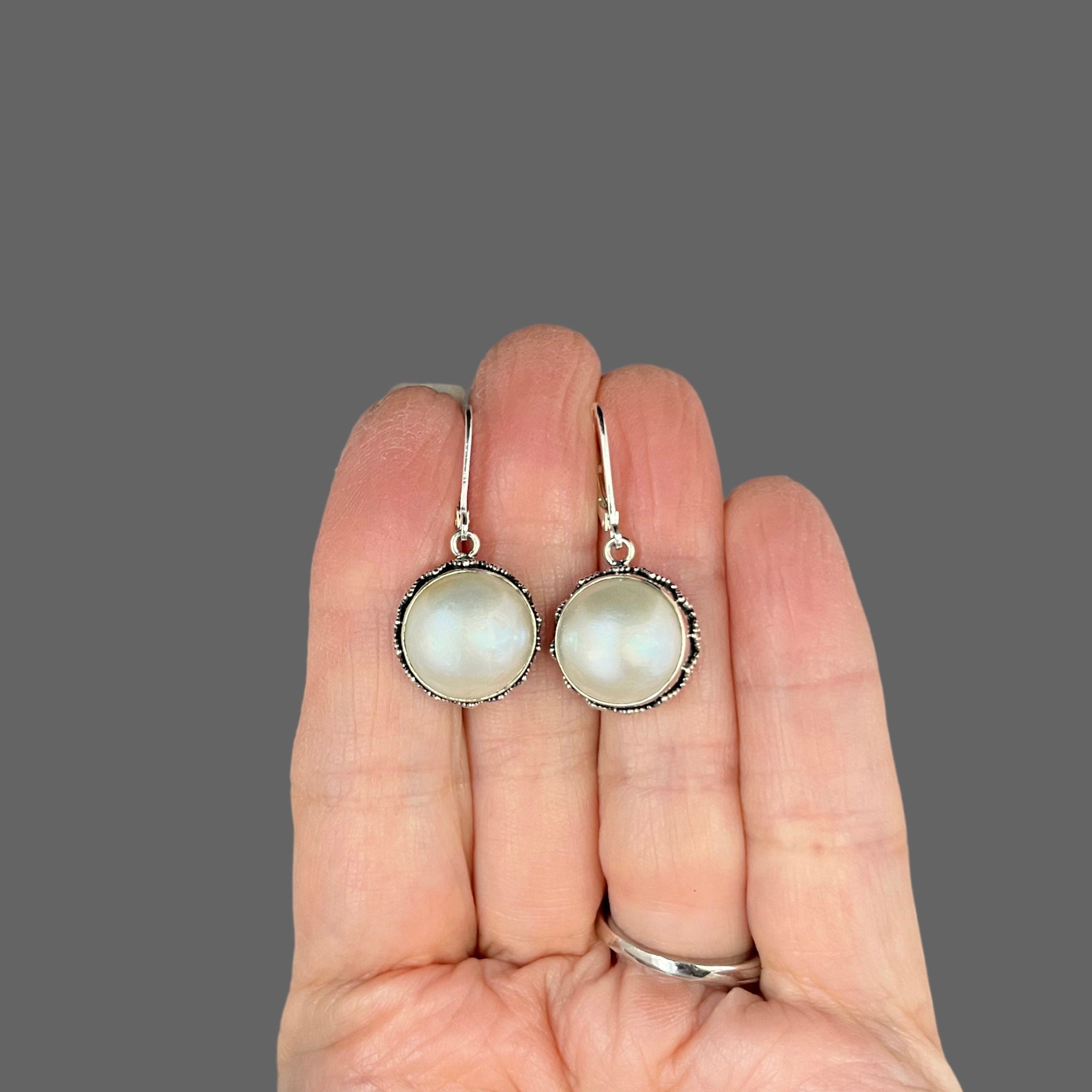 Freshwater Pearl Bezel Charm Earrings in Bali Silver