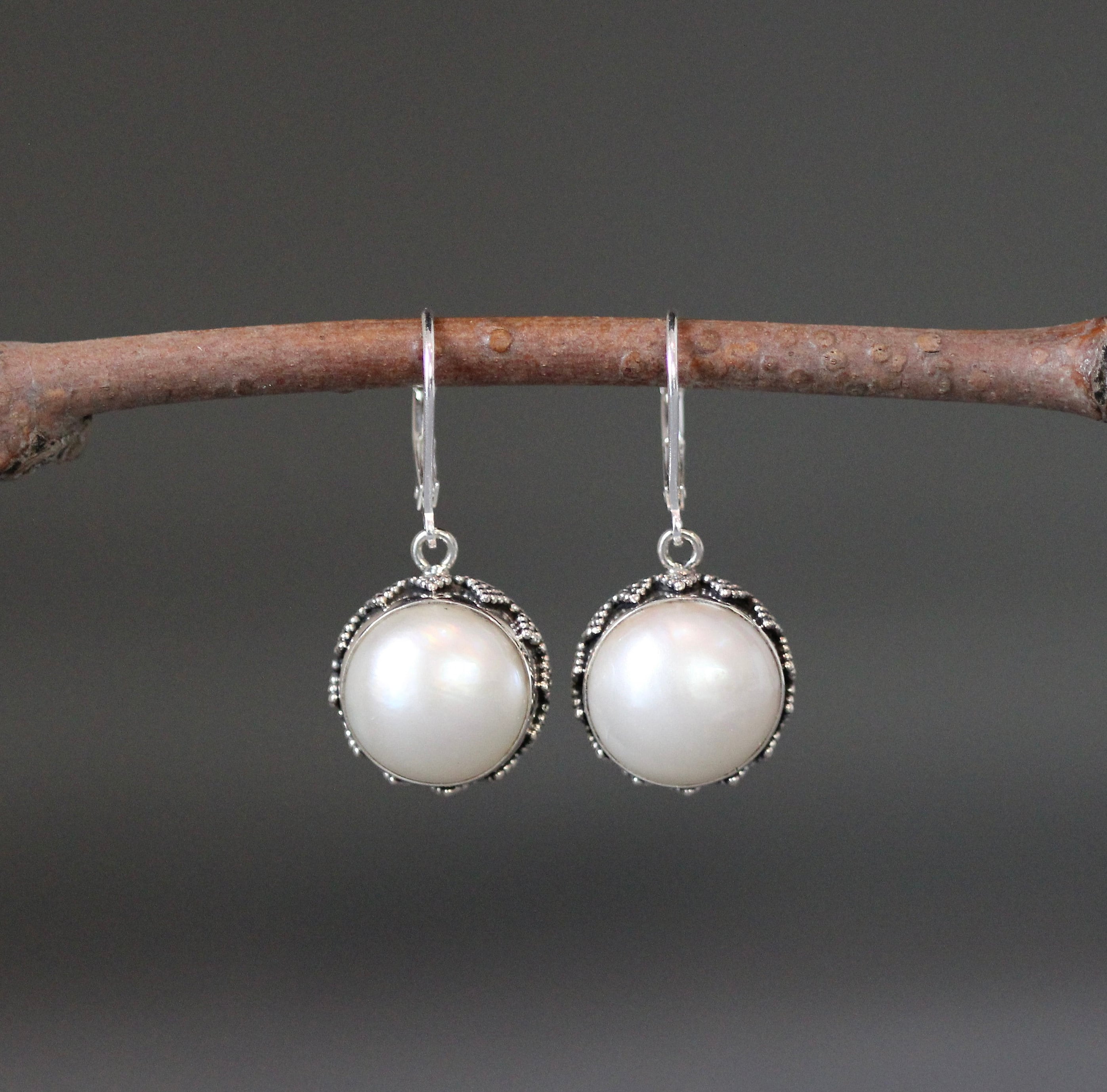 Freshwater Pearl Bezel Charm Earrings in Bali Silver